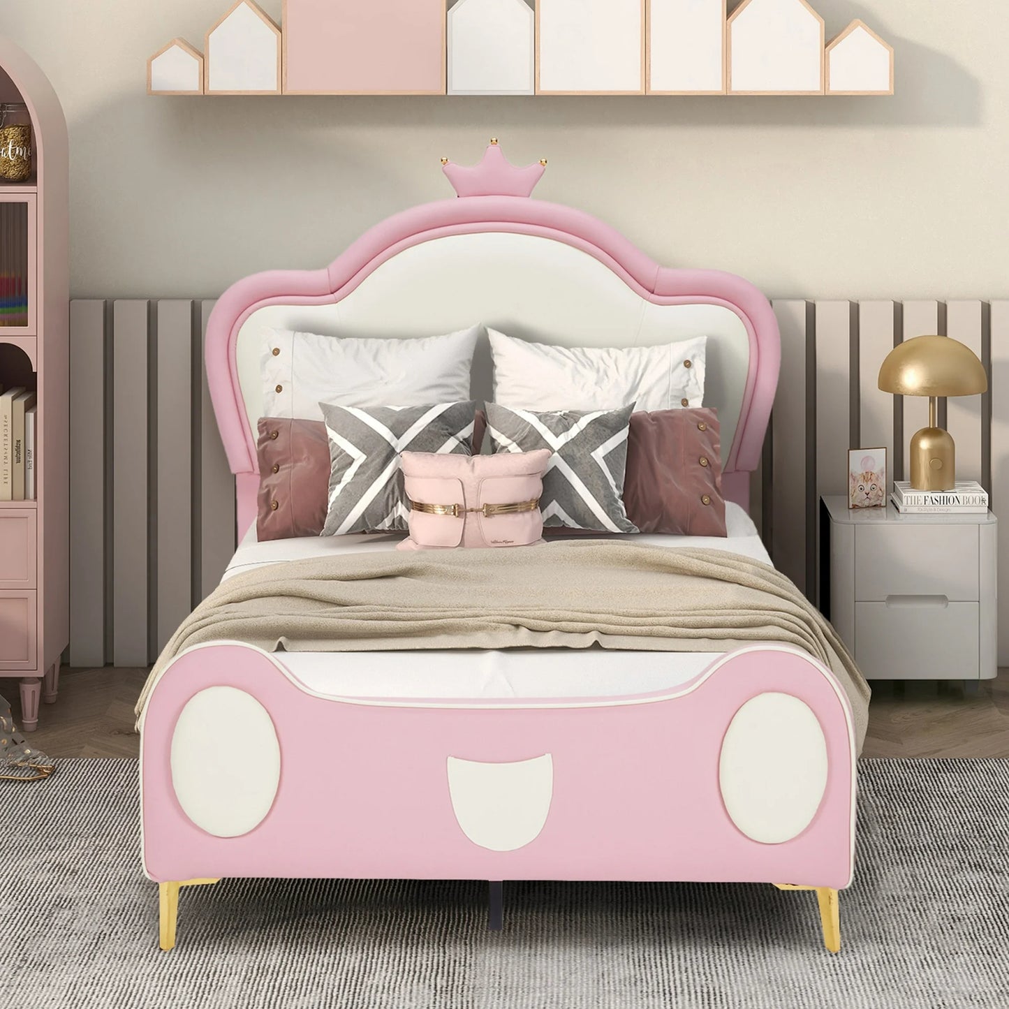 HSUNNS Twin Size Bed Frame, PU Upholstered Platform Bed with Crown Headboard and Bed-End Storage Pocket for Kids Girls, Easy Assembly, No Box Spring Needed, Pink