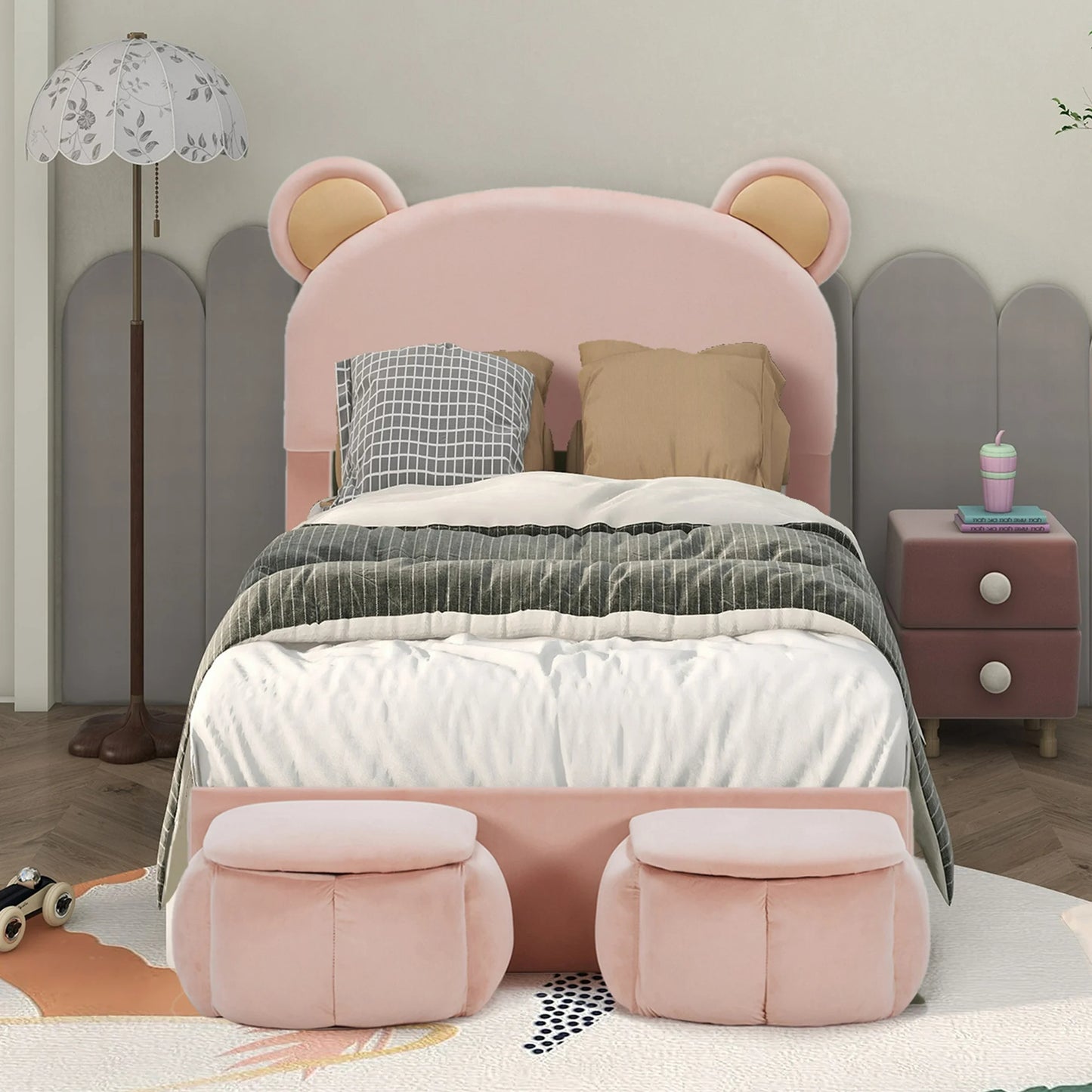HSUNNS Twin Size Bed Frame, Upholstered Platform Bed with Cartoon Bear Ears Shaped Headboard and 2 Small Storage Stools for Kids Teens, Easy Assembly, No Box Spring Needed, 300 LBS, Pink