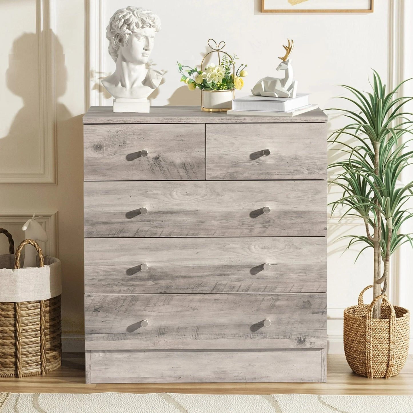 HSUNNS Gray 5 Drawer Dresser, Storage Cabinet with Easy Pull Handle for Living Room and Bedroom, Chest of Drawers, 2 Small Drawers and 3 Big Drawers, Gray