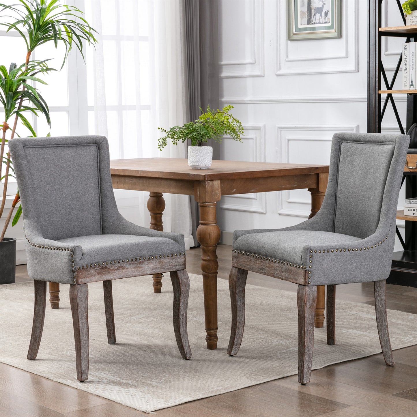 HSUNNS Upholstered Thickened Fabric Dining Chairs Set of 2, Solid Wood Contemporary Kitchen Chairs for Dining Room, Accent Chairs with Nail Head Decor, Beige