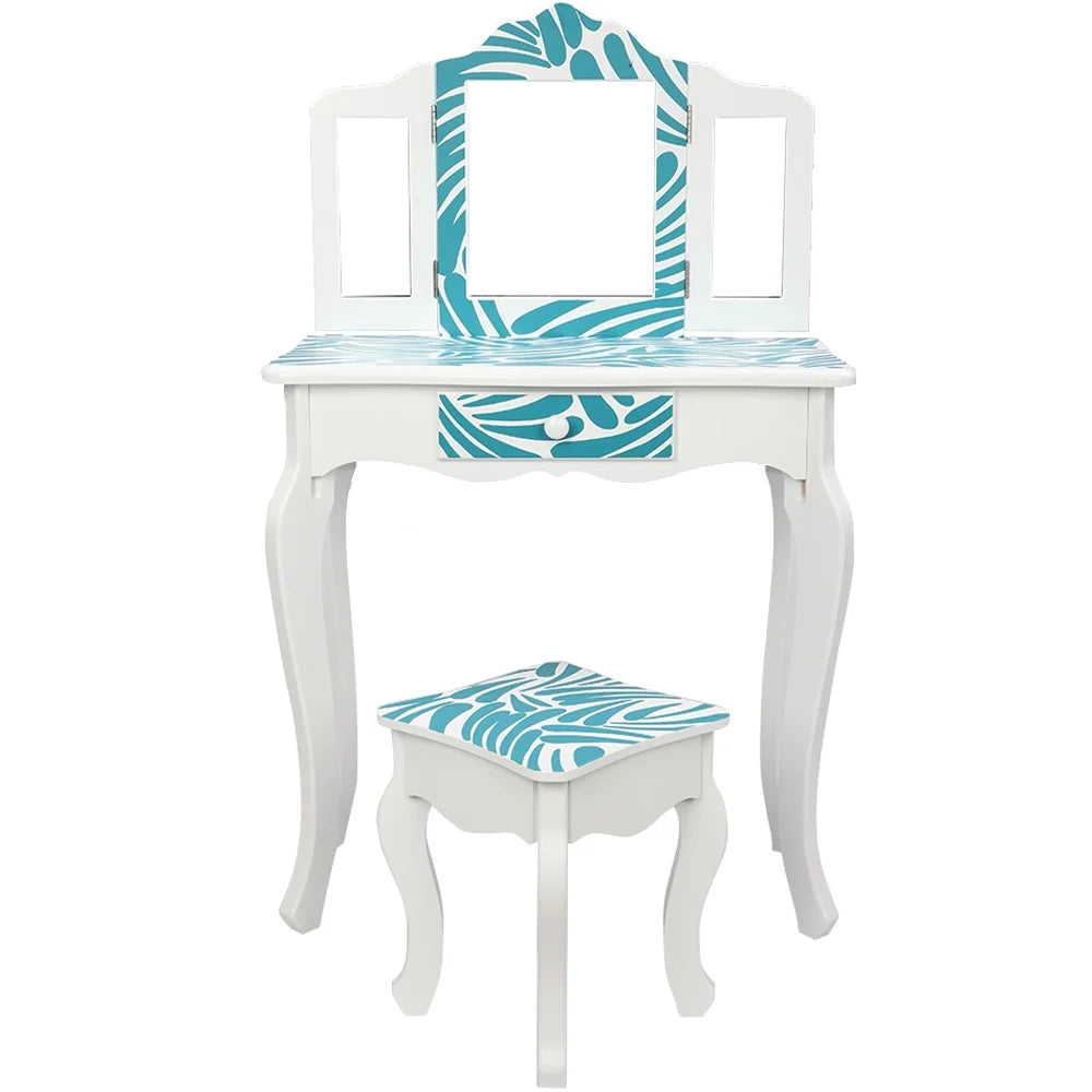 Kids Vanity Table and Chair Set, Blue Zebra and White Style Girls Vanity Desk Set with Mirror and Stool, Tri-Folding Mirror, Makeup Dressing Princess Table with Drawer and Mirror for Ages 4-9