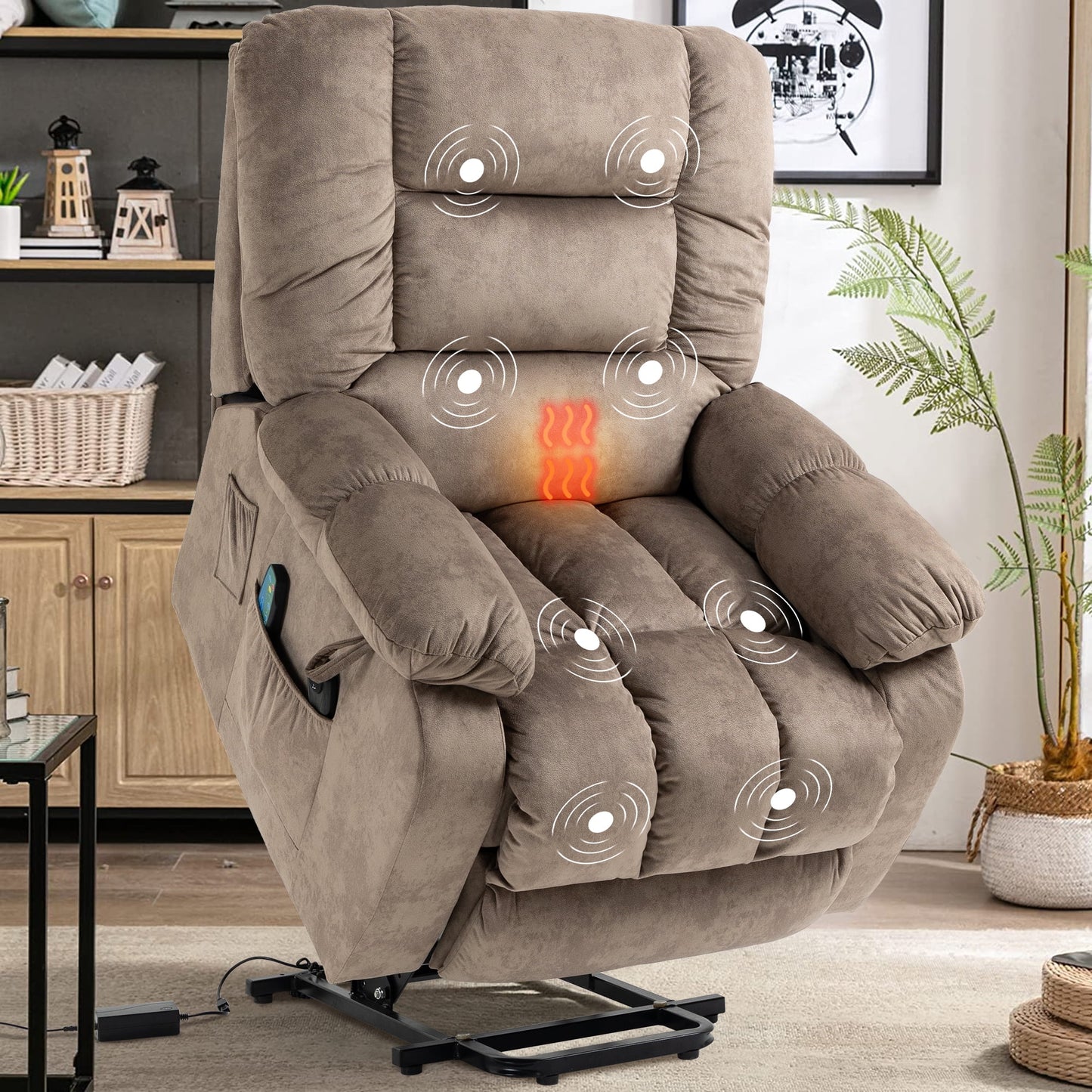 Power Lift Recliner Chair, Elderly Sofa with Heat Therapy and Massage Function, Heavy Duty Reclining Mechanism Electric Recliner with Side Pocket for Living Room Bedroom Home Theater, Beige Brown