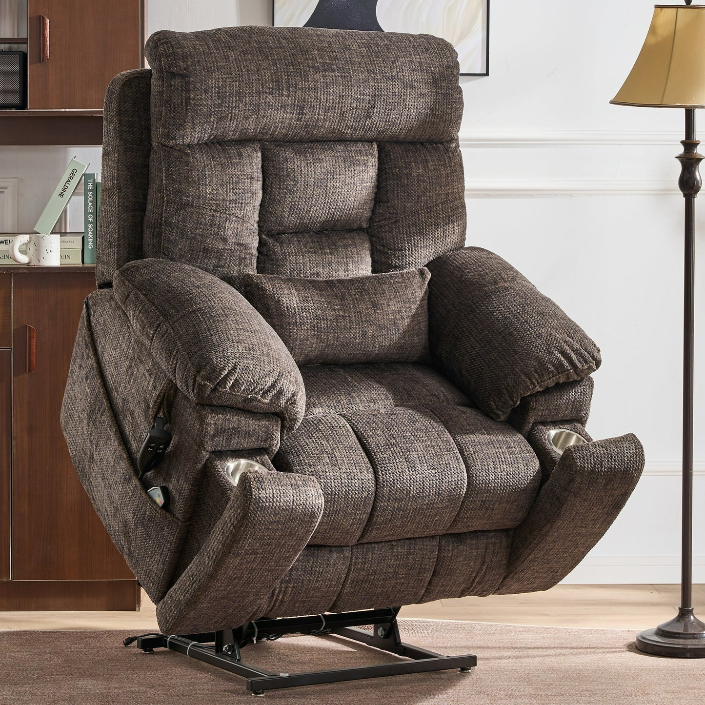 HSUNNS Power Lift Recliner Chair, Elderly Sofa with Heat and Massage, Electric Recliners with Pocket, Cup Holders and Remote Controls for Living Room Home Theater, Dual OKIN Motors, Brown