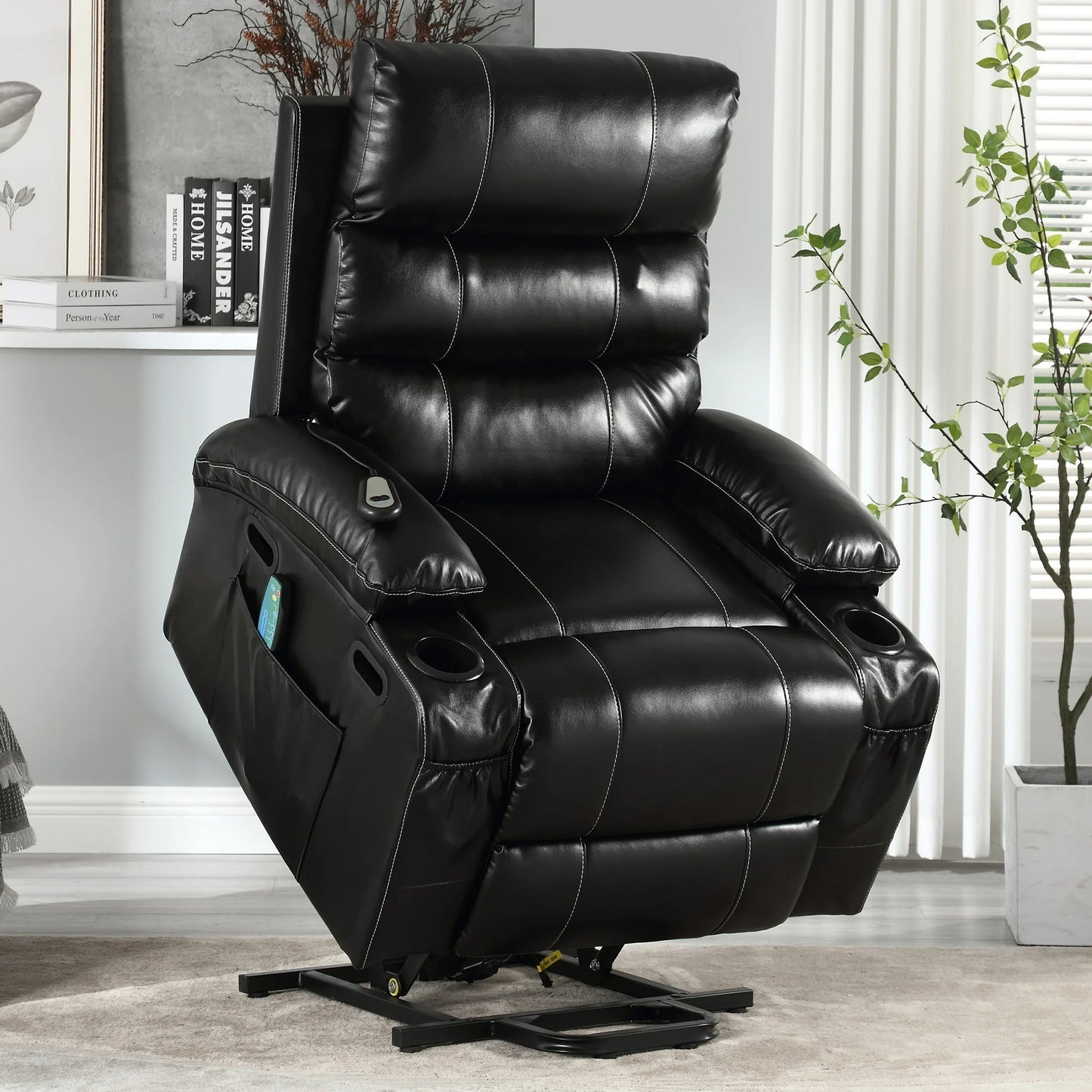 HSUNNS Power Lift Recliner Chair, Modern Electric PU Leather Recliners with Heat and Massage, Elderly Sofa with Side Pocket and Cup Holders for Bedroom Home Theater, Remote Control, Black