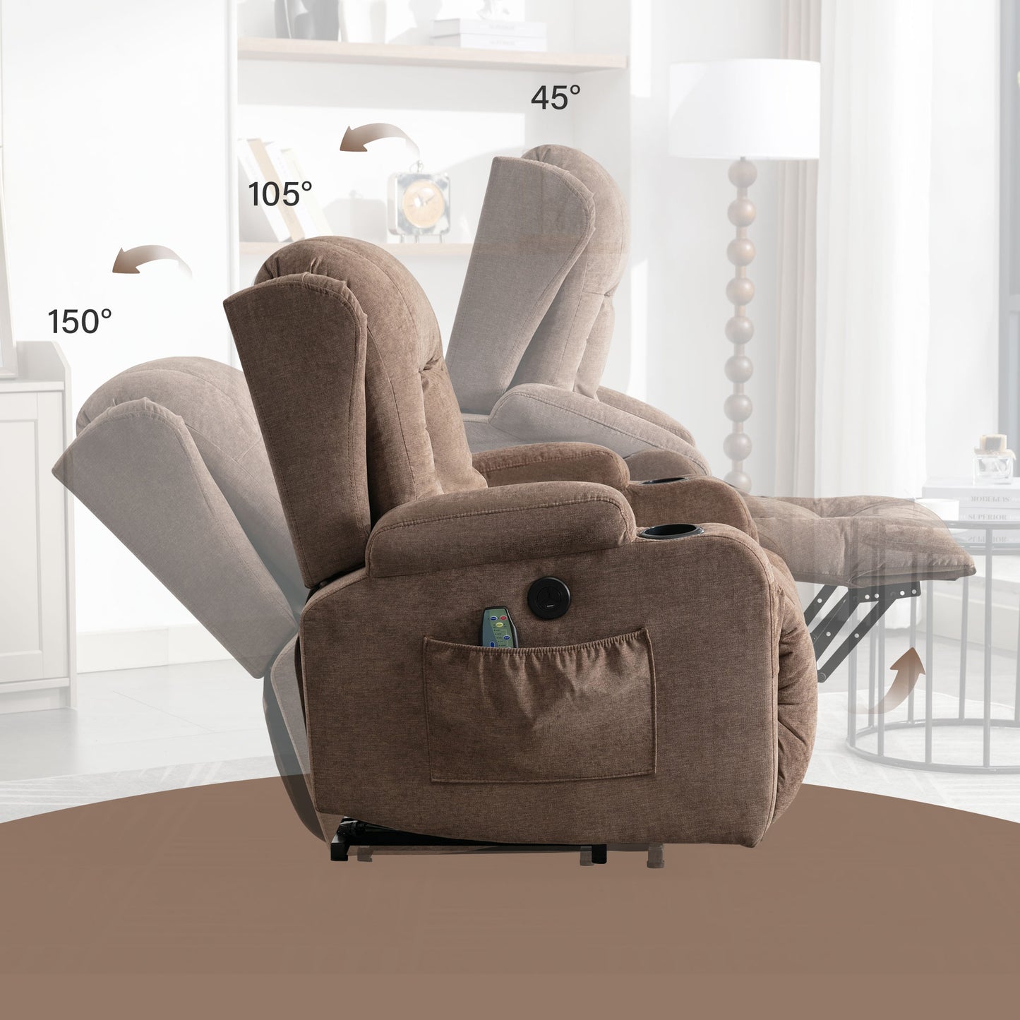 HSUNNS Power Lift Recliner Chair for Elderly, Electric Recliners with Heat and Massage, USB Charge Port, Cup Holders, Infinite Position and Side Pockets, Fabric Single Sofa for Living Room, Brown