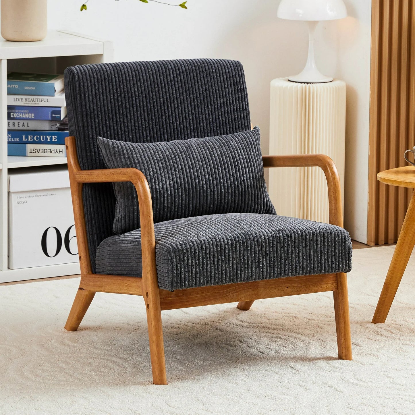 Mid-Century Accent Chair, Modern Ergonomic Design Armchair with Pillow Upholstered and Solid Wood Frame, Reading Armchair for Bedroom, Reception Room and Living Room, Dark Gray