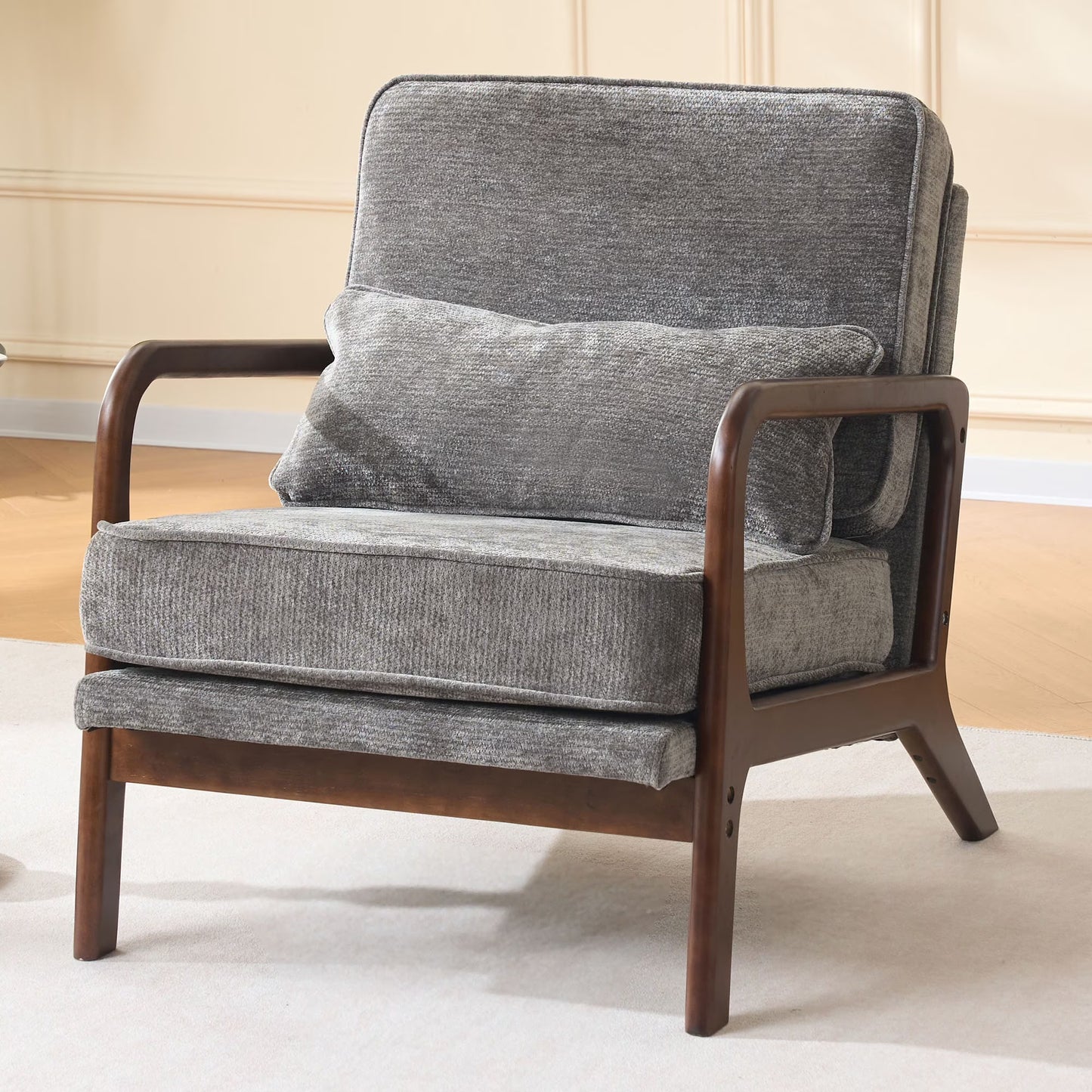 HSUNNS Mid-Century Modern Accent Chair, Arm Chair with Wood Frame and Pillow, Upholstered Armchair Comfort Reading Chair Lounge Chair for Living Room Bedroom Sunroom, Grey