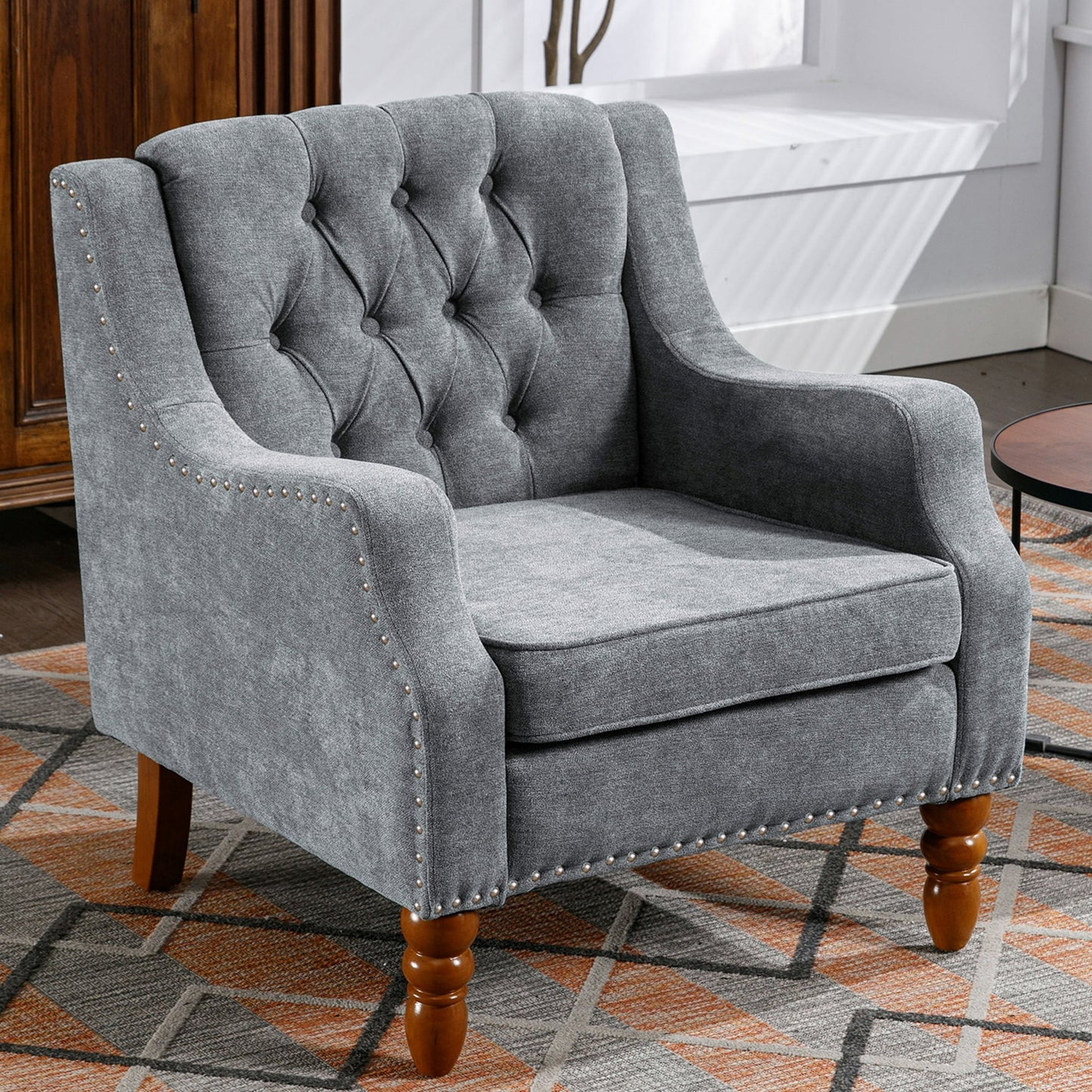 Accent Chair, Mid-Century Linen Accent Armchair with Vintage Brass Studs, Solid Wood Legs, Button Tufted Upholstered, Comfy Reading Chair for Living Room and Bedroom, Reception Room, Blue