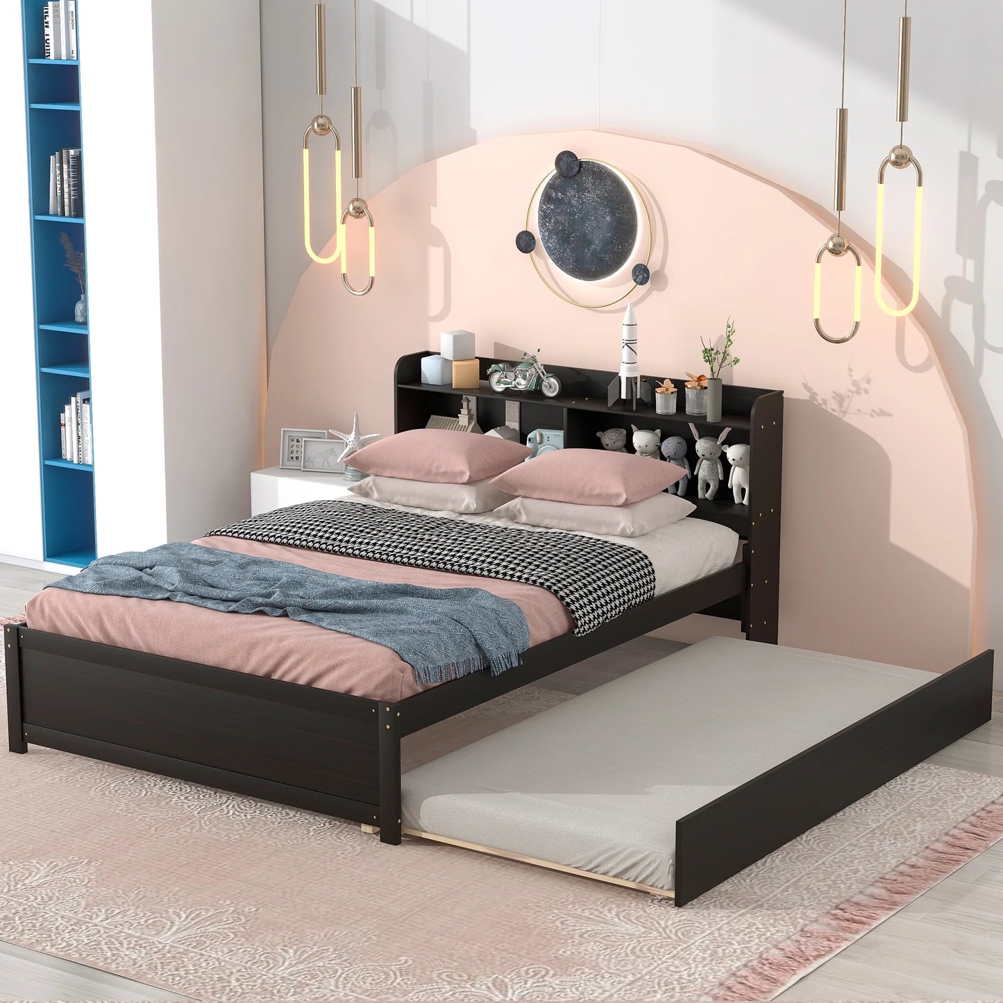 Twin Bed Frame with Trundle and Storage Bookcase, Modern Kids Platform Bed Frame with Pull Out Trundle, Solid Wood Trundle Bed with Headboard and Footboard, No Box Spring Needed, Gray