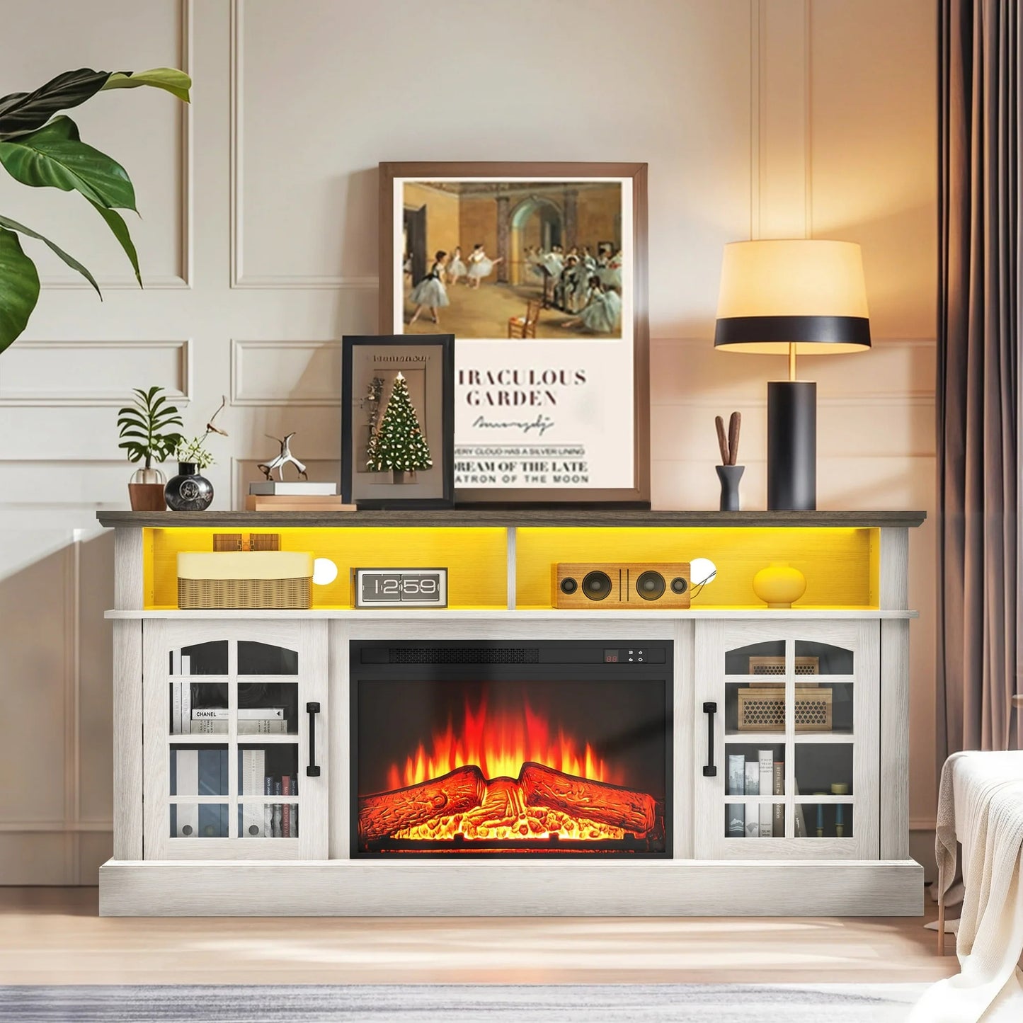 SYNGAR Fireplace Electric TV Stand for 65" TV with LED Light, Modern Entertainment Center With Remote Control Virtual Flame Fireplace, 2 Cabinet Storage, Glass Door, Storage Shelves, White+Black