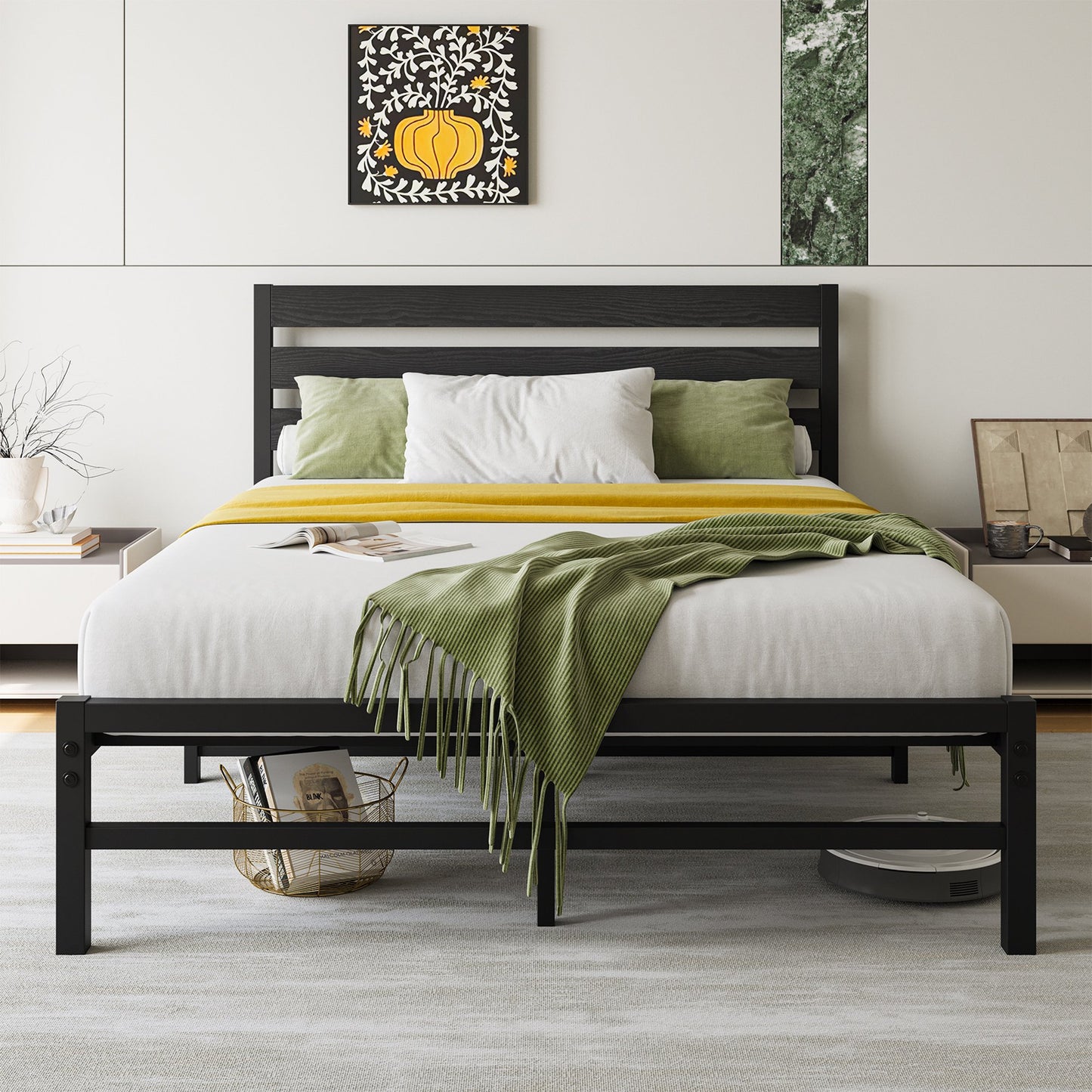 Queen Platform Bed Frame, Industrial Style Metal Queen Size Bed Frame with Rustic Vintage Wood Headboard, No Box Spring Needed, Under-Bed Storage Area, Easy Assembly, Noise Free, Black