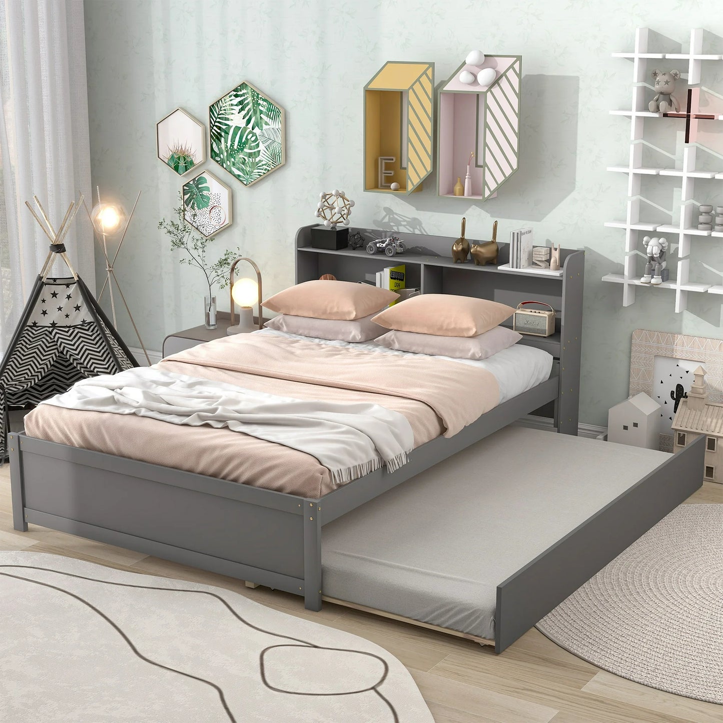 Twin Bed Frame with Trundle and Storage Bookcase, Modern Kids Platform Bed Frame with Pull Out Trundle, Solid Wood Trundle Bed with Headboard and Footboard, No Box Spring Needed, Gray