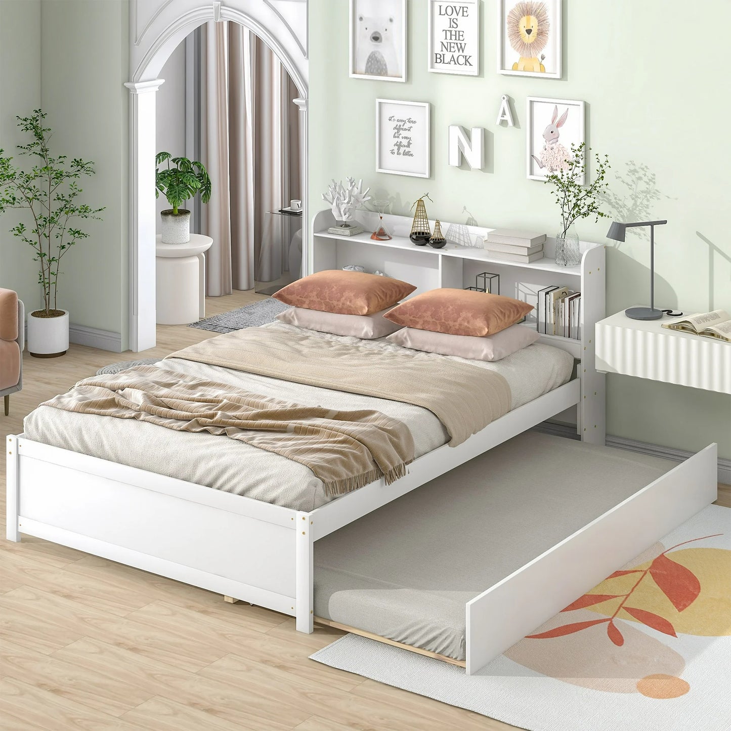 Twin Bed Frame with Trundle and Storage Bookcase, Modern Kids Platform Bed Frame with Pull Out Trundle, Solid Wood Trundle Bed with Headboard and Footboard, No Box Spring Needed, Gray
