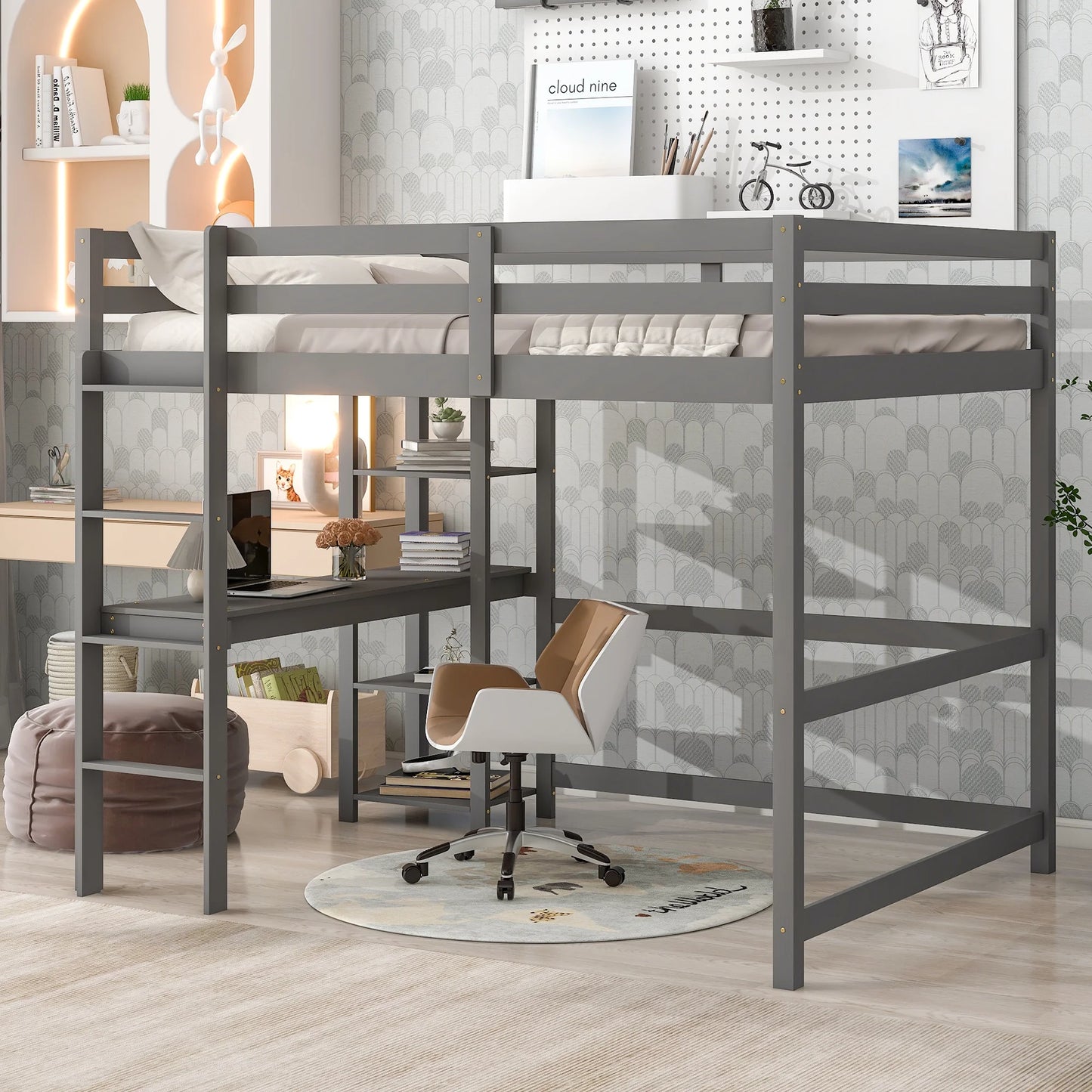 Twin Loft Bed with Desk, Wooden Loft Bed with Large Under Bed Storage Space, Space-Saving Bed Frame with Vertical Ladder and Safety Guard Rails for Boys Girls Kids Teens Adults, Espresso