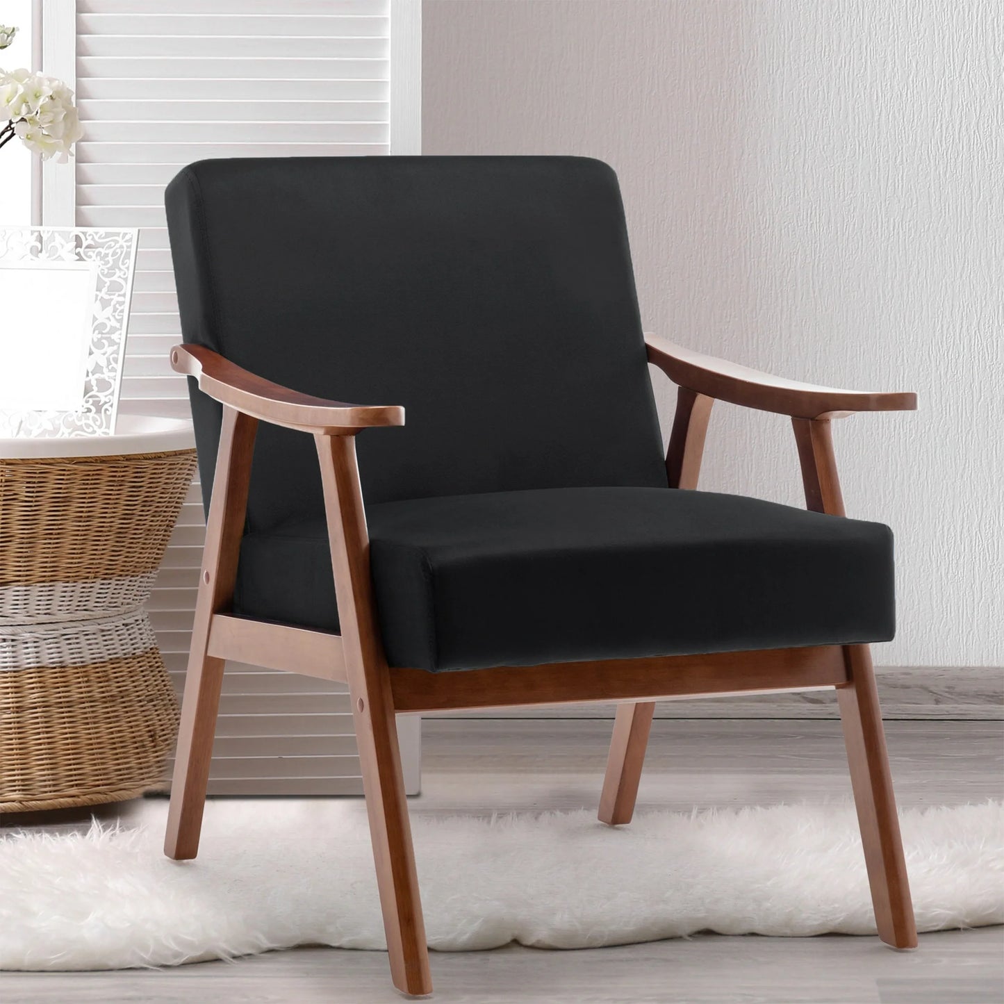 Mid-Century Accent Chair, Modern Armchair with Extra-Thick Backrest and Solid Wood Frame, Reading Armchair for Bedroom, Reception Room and Living Room, Lounge Chair Indoor, Black