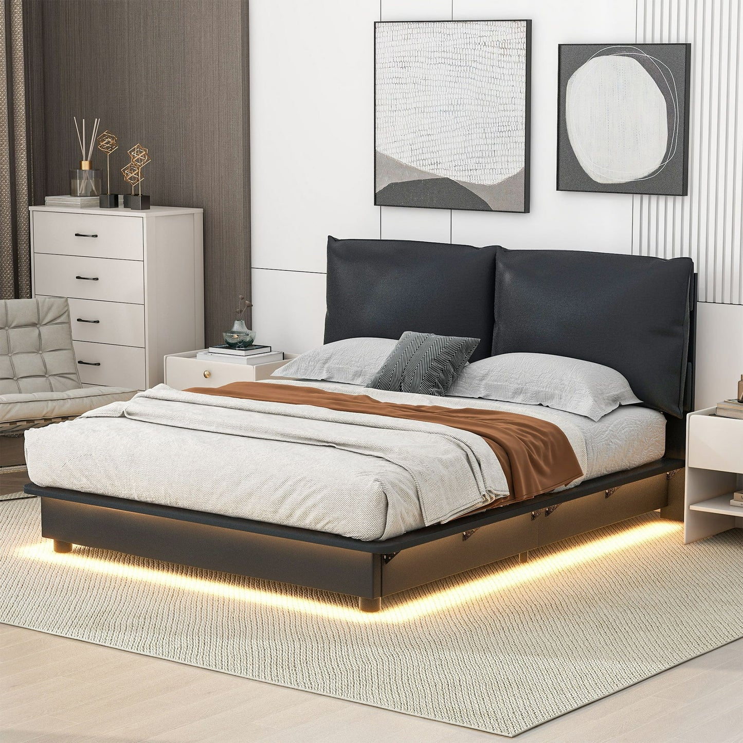 Queen Size Bed Frame, Queen Size Upholstered Platform Bed with Ergonomic Backrests and Sensor Light, Floating Design, Bedroom Furniture Bed Frames, Black