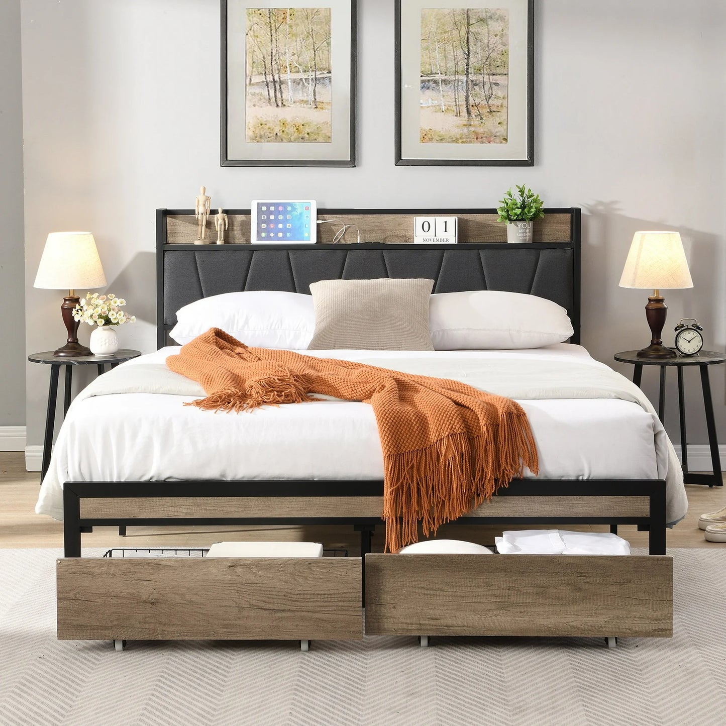 HSUNNS Queen Size Bed Frame, 2 Storage Drawers Metal Platform Bed with Headboard and Footboard, Queen Bed for Adults and Teens, Bedroom Furniture, No Box Spring Needed, Black+Gray
