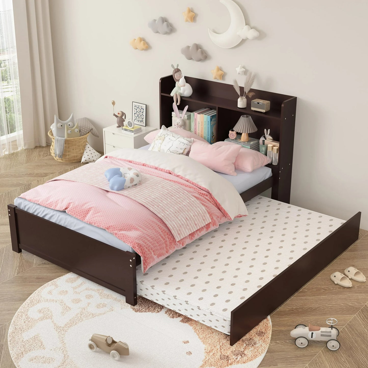 Twin Bed Frame with Trundle and Storage Bookcase, Modern Kids Platform Bed Frame with Pull Out Trundle, Solid Wood Trundle Bed with Headboard and Footboard, No Box Spring Needed, Gray