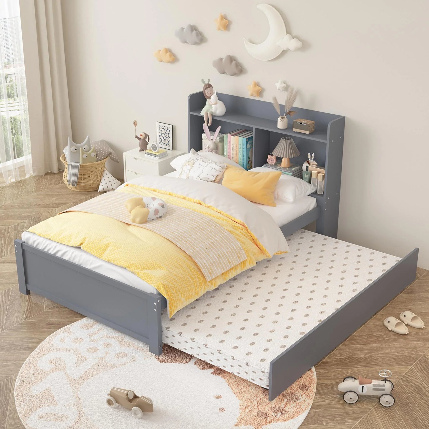 Twin Bed Frame with Trundle and Storage Bookcase, Modern Kids Platform Bed Frame with Pull Out Trundle, Solid Wood Trundle Bed with Headboard and Footboard, No Box Spring Needed, Gray
