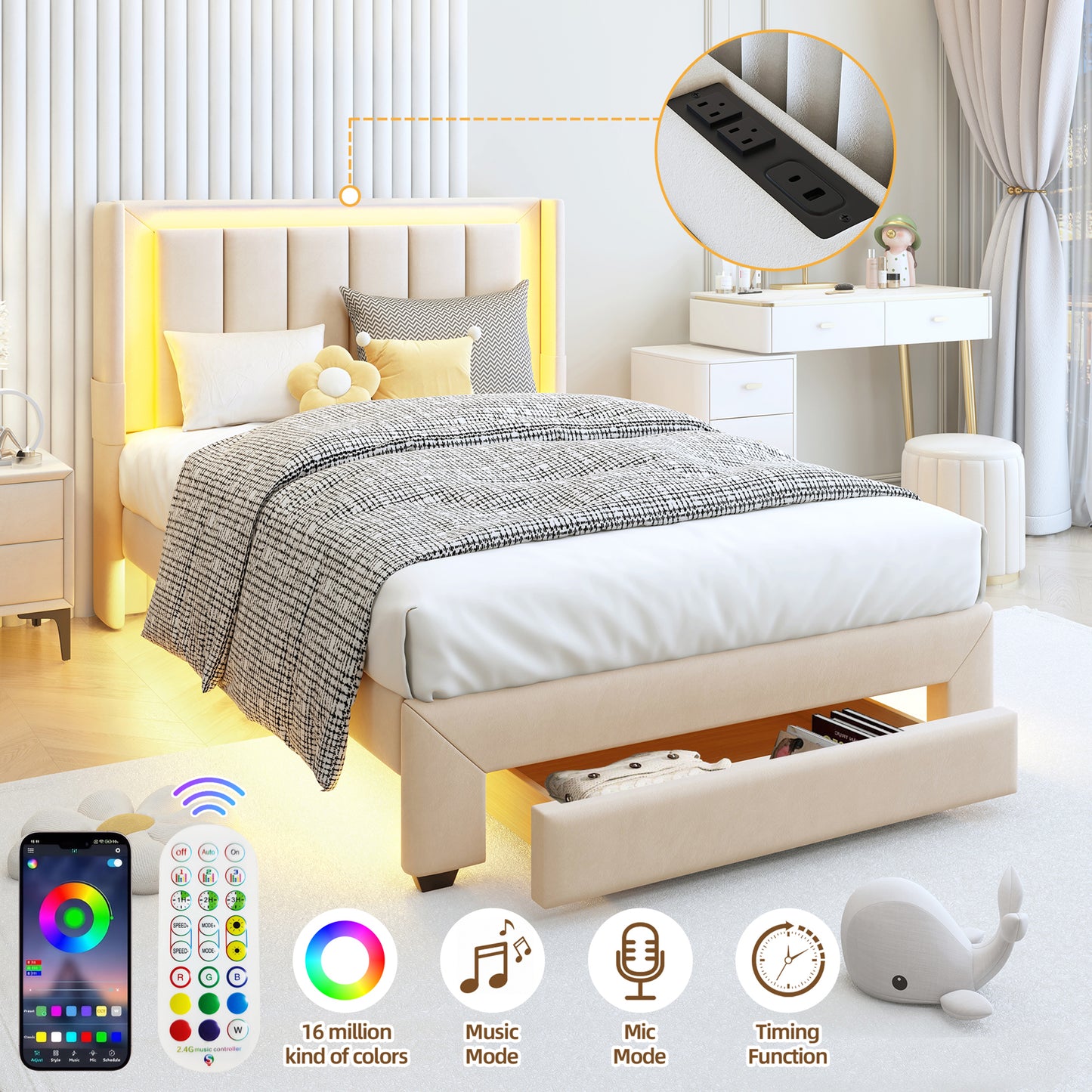 HSUNNS Twin Bed Frame with LED Lights and Charging Station, Twin Platform Bed Frame with Storage Drawer, Motion Sensor Night Light, Soft Fabric Headboard, No Box Spring Needed