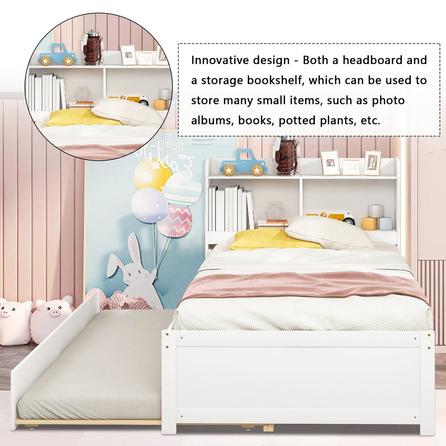 HSUNNS Twin Bed Frame with Trundle and Storage Bookcase, Modern Platform Bed Frame with Pull Out Trundle, Solid Wood Trundle Bed with Headboard and Footboard, No Box Spring Needed, White