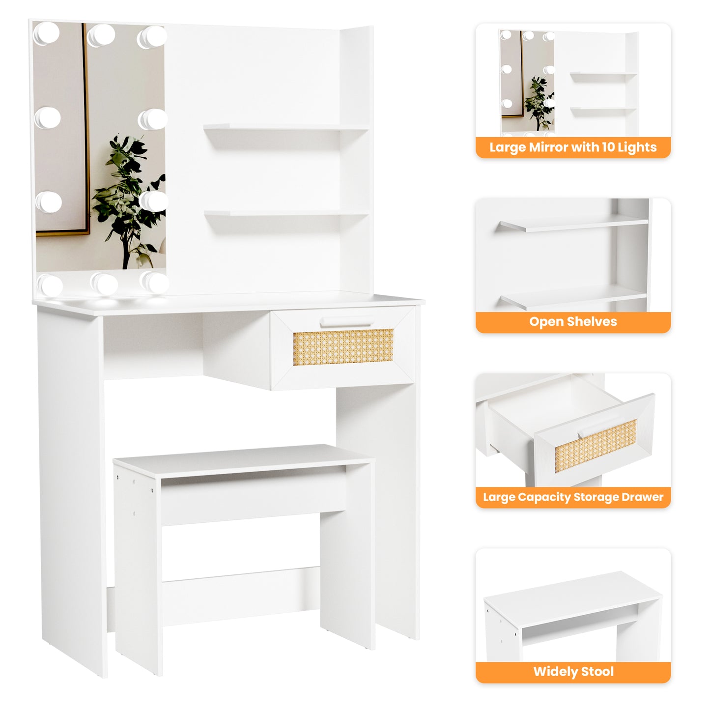 HSUNNS Vanity Mirror with 3 Color LED Lights Desk and Chair, Narrow Small Vanity Desk with 10 Light, Wood Makeup Table with Large Drawer and Wide Stool, Vanity Desk with Drawers and Shelves, White