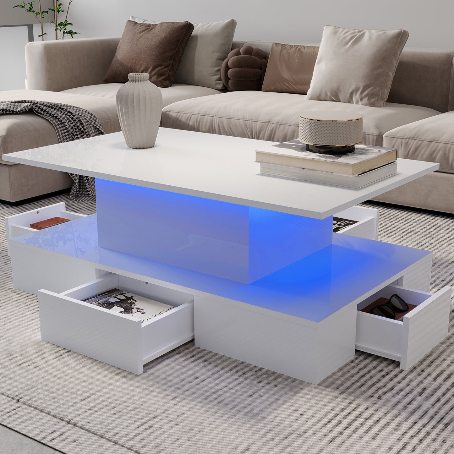 HSUNNS Black LED Coffee Table for Living Room, Modern High Glossy Center Table with 4 Drawers, Smart Cocktail Table Rectangle, Sofa Side Tea Tables with LED Lights, 40" L×24" W×15" H