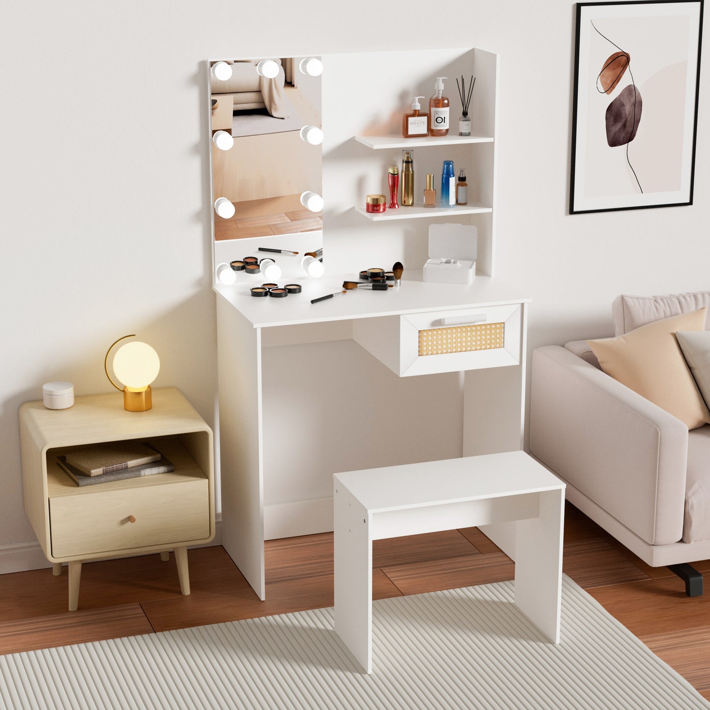 HSUNNS Vanity Mirror with 3 Color LED Lights Desk and Chair, Narrow Small Vanity Desk with 10 Light, Wood Makeup Table with Large Drawer and Wide Stool, Vanity Desk with Drawers and Shelves, White