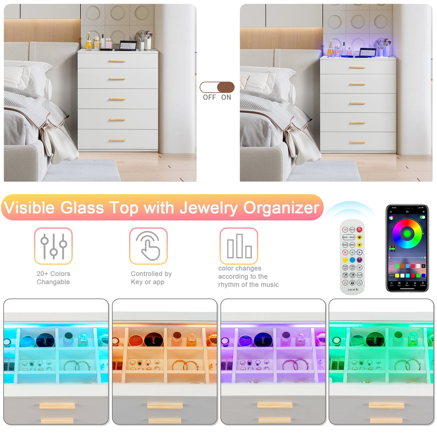 HSUNNS White 5 Drawer Dresser, Dresser for Bedroom with Jewelry Organizer, Remote and APP Control RGB Light, Storage Dresser for Bedroom with Glass Top, Chest of Drawers Organizer for Living Room