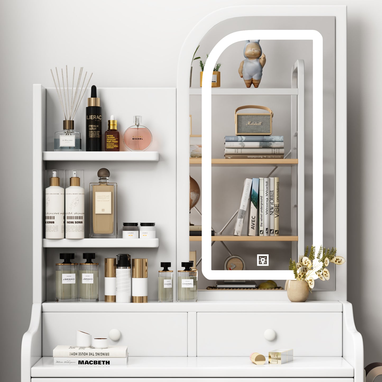 HSUNNS Vanity Set with Lighted Mirror, Modern 3 Drawers Makeup Dressing Desk, Vanity Table Desk with Storage, Bedroom Vanities Set for Girls and Women, White