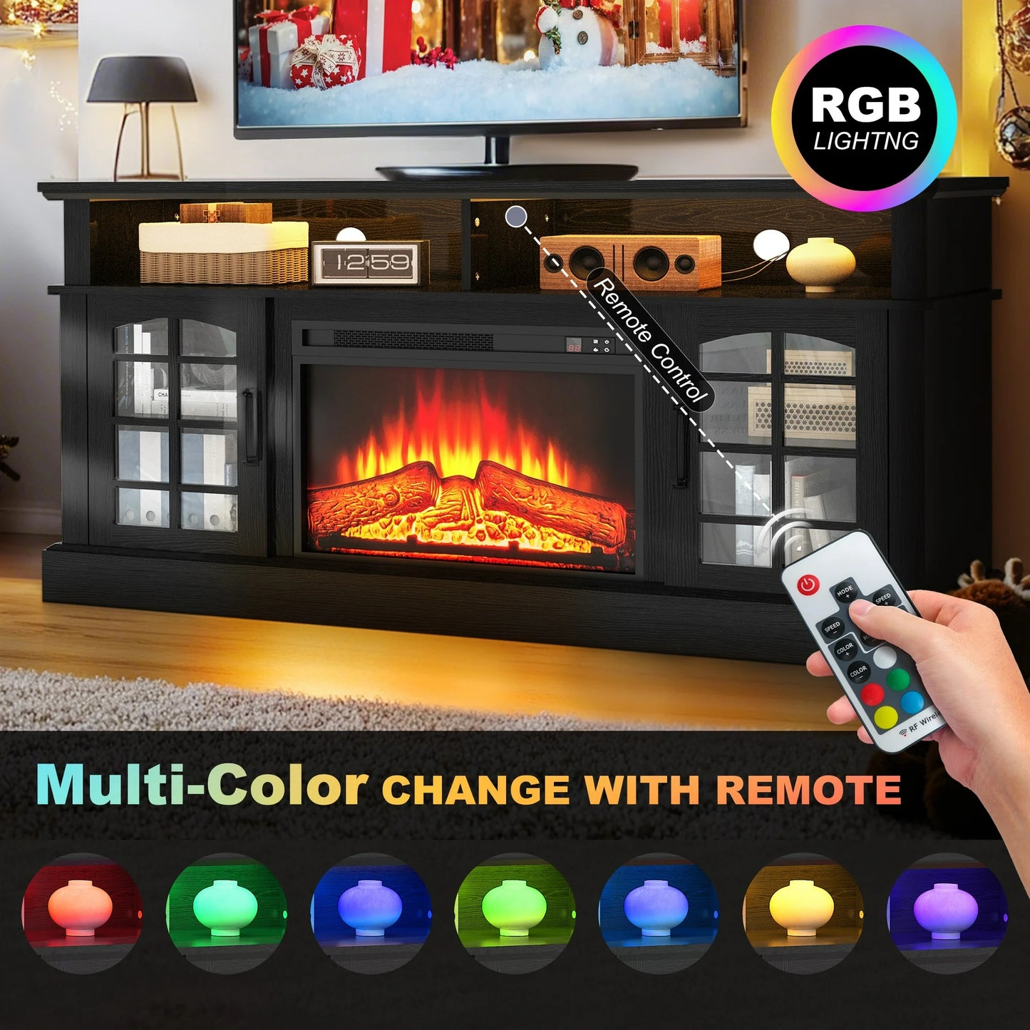 SYNGAR Fireplace Electric TV Stand for 65" TV with LED Light, Modern Entertainment Center With Remote Control Virtual Flame Fireplace, 2 Cabinet Storage, Glass Door, Storage Shelves, Black+Brown