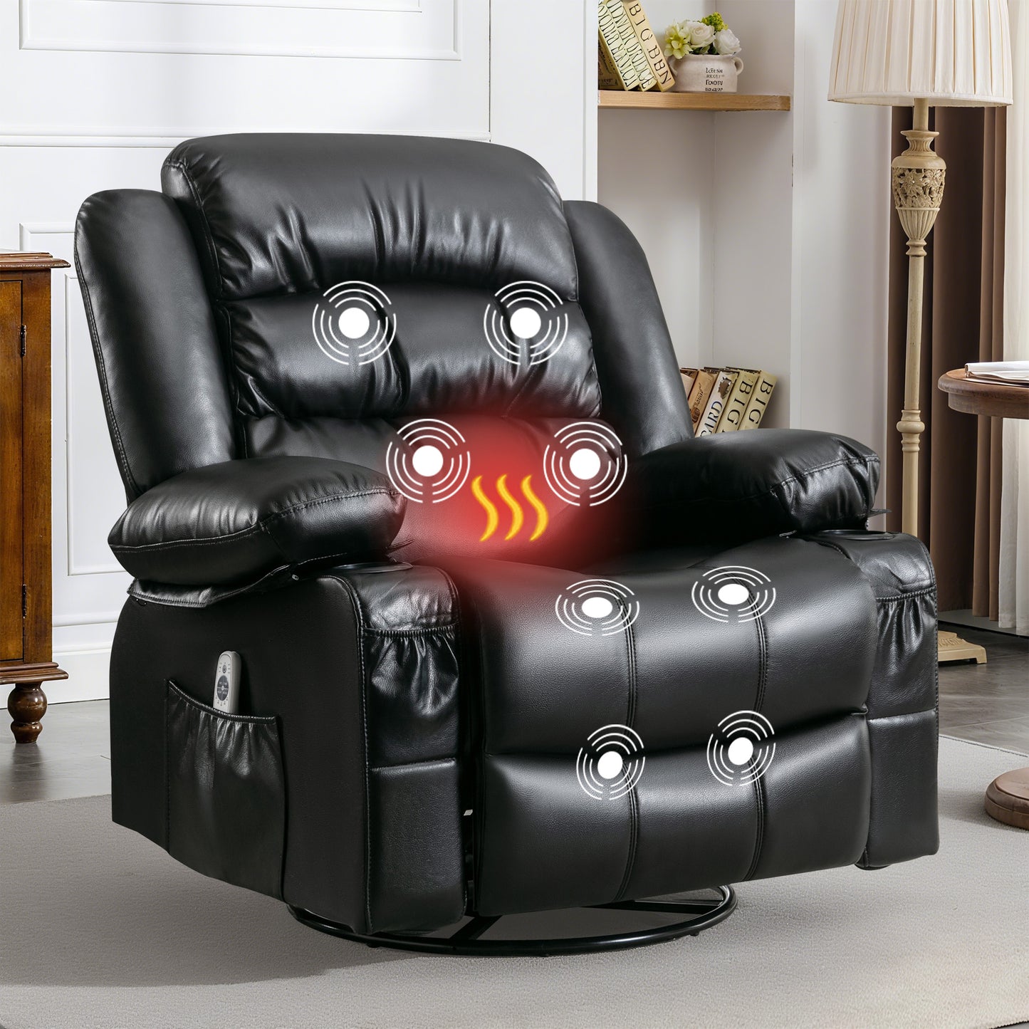 HSUNNS 360°Swivel Recliner Chair for Adults, Living Room PU Leather Recliner Chair with Massage and Heat, Single Sofa with USB Port, 2 Cup Holder, Side and Front Pocket, Black