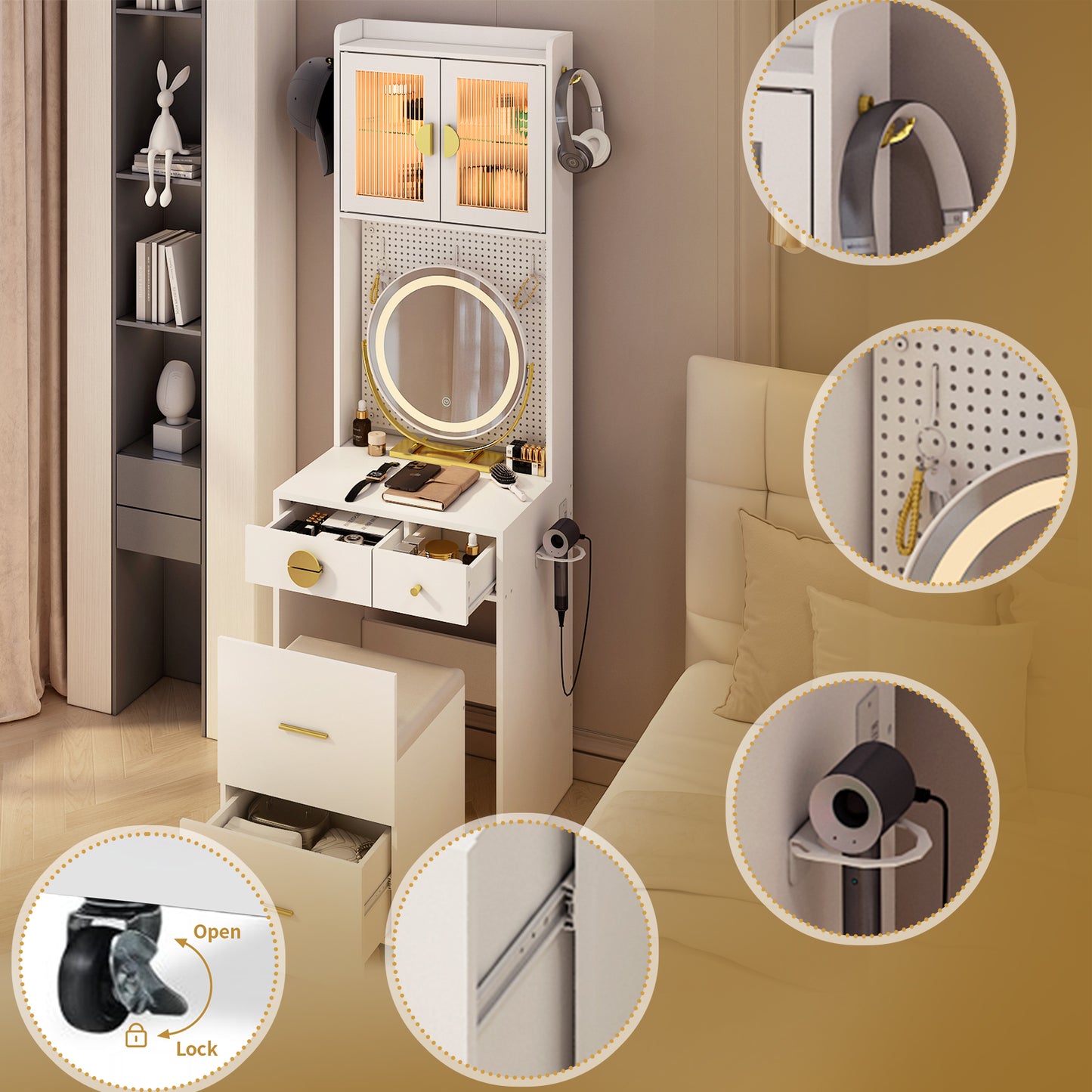 HSUNNS Small Vanity Desk with Round Mirror and LED Light, Modern Makeup Desk with Drawers, Upholstered Stool with Drawers, Charging Station, 3 Hooks, Storage Shelves,Hair Dryer Rack, White