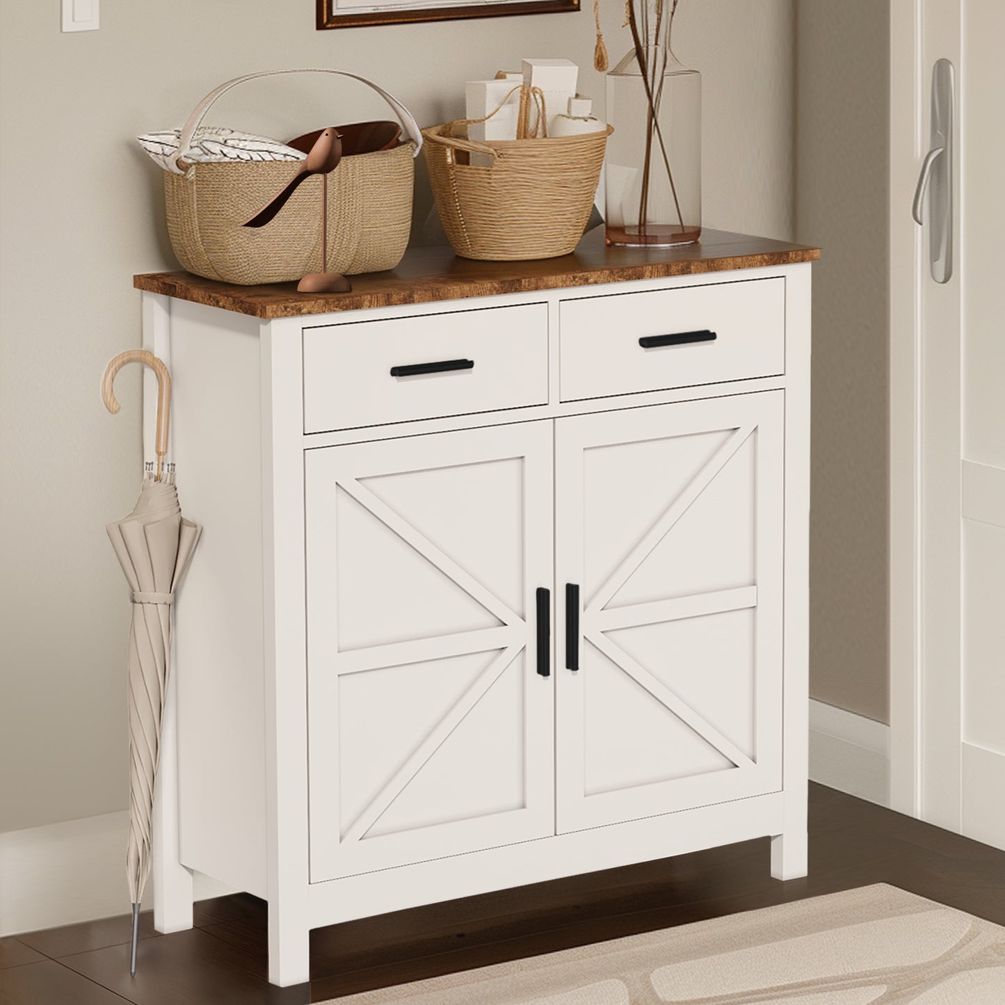 HSUNNS Farmhouse Storage Cabinet, Coffee Bar with 2 Drawers and 2 Doors, Sideboard Buffet Cabinet for Kitchen Dining Room