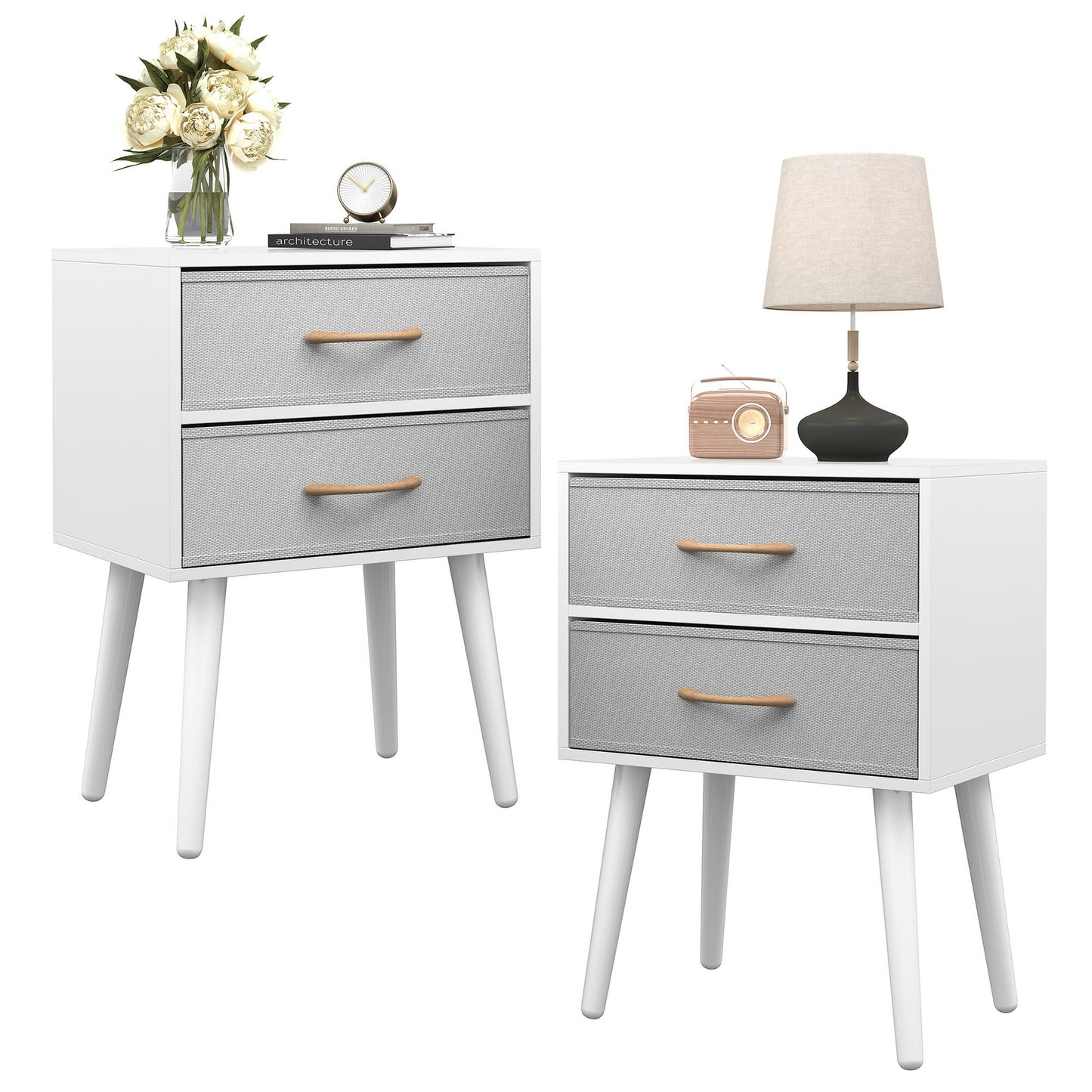 HSUNNS Nightstands Set of 2, Night Stands for Bedroom Set of 2 with 2 Cloth Drawers and Metal Legs, Modern End Table with Storage for Living Room, Black