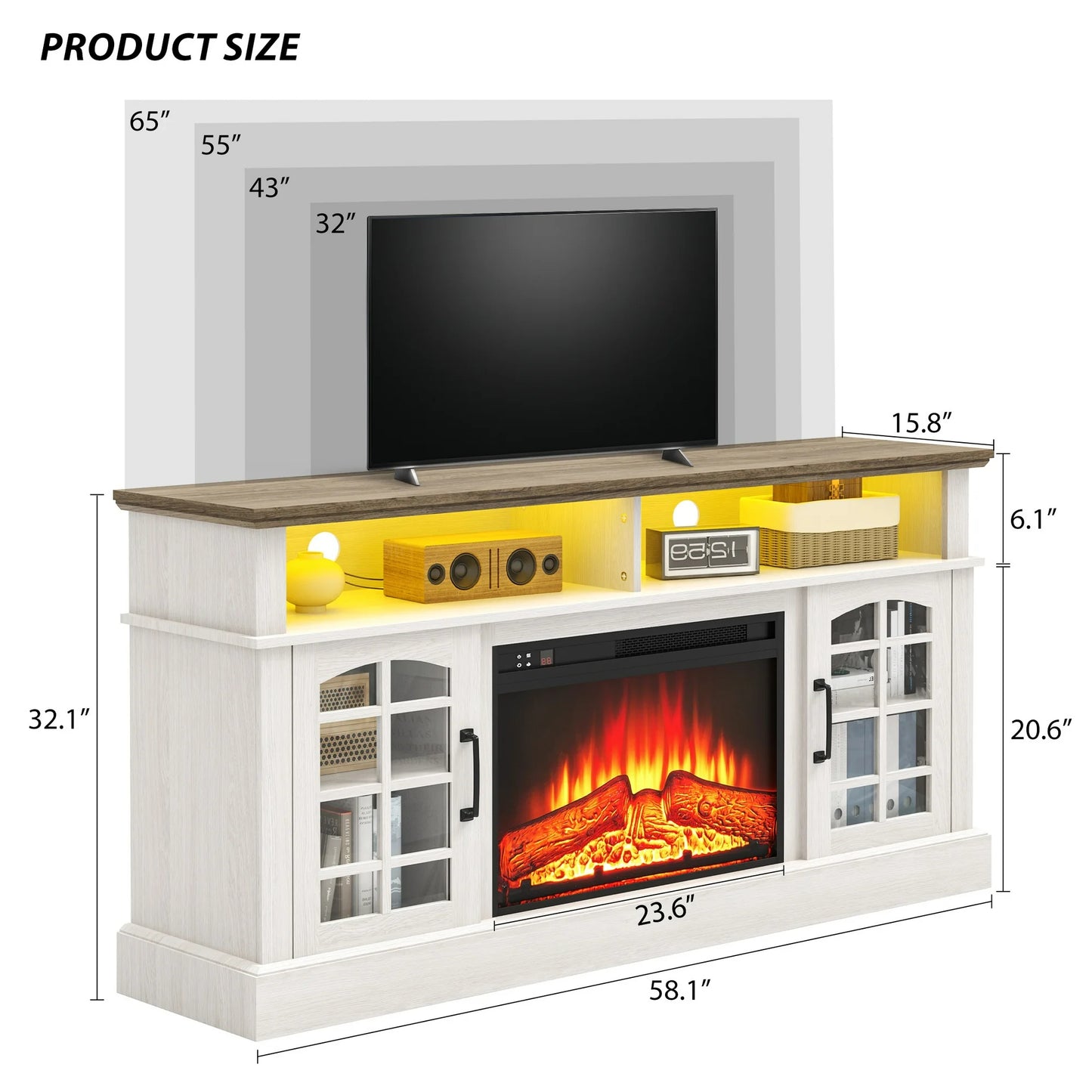 SYNGAR Fireplace Electric TV Stand for 65" TV with LED Light, Modern Entertainment Center With Remote Control Virtual Flame Fireplace, 2 Cabinet Storage, Glass Door, Storage Shelves, White+Black