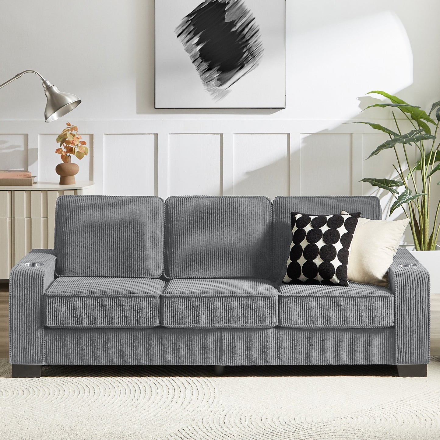 HSUNNS 83.86" Sofa, 3 Seater Corduroy Fabric Sofa Couch for Living Room and Reception Room, Modern Compressed Couch, Black