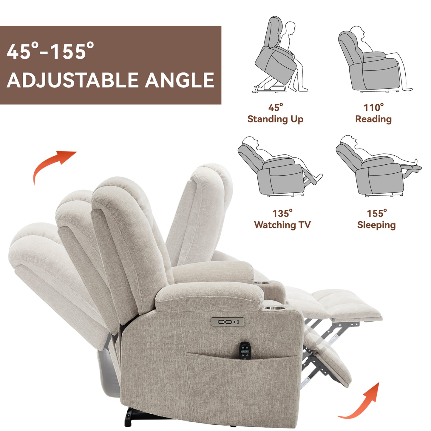 HSUNNS Power Lift Recliner Chair with Massage and Heat for Adult, Heavy Duty Reclining with USB Port and 2 Cup Holders, Living Room Overstuffed Wide Single Sofa Home Theater, Beige