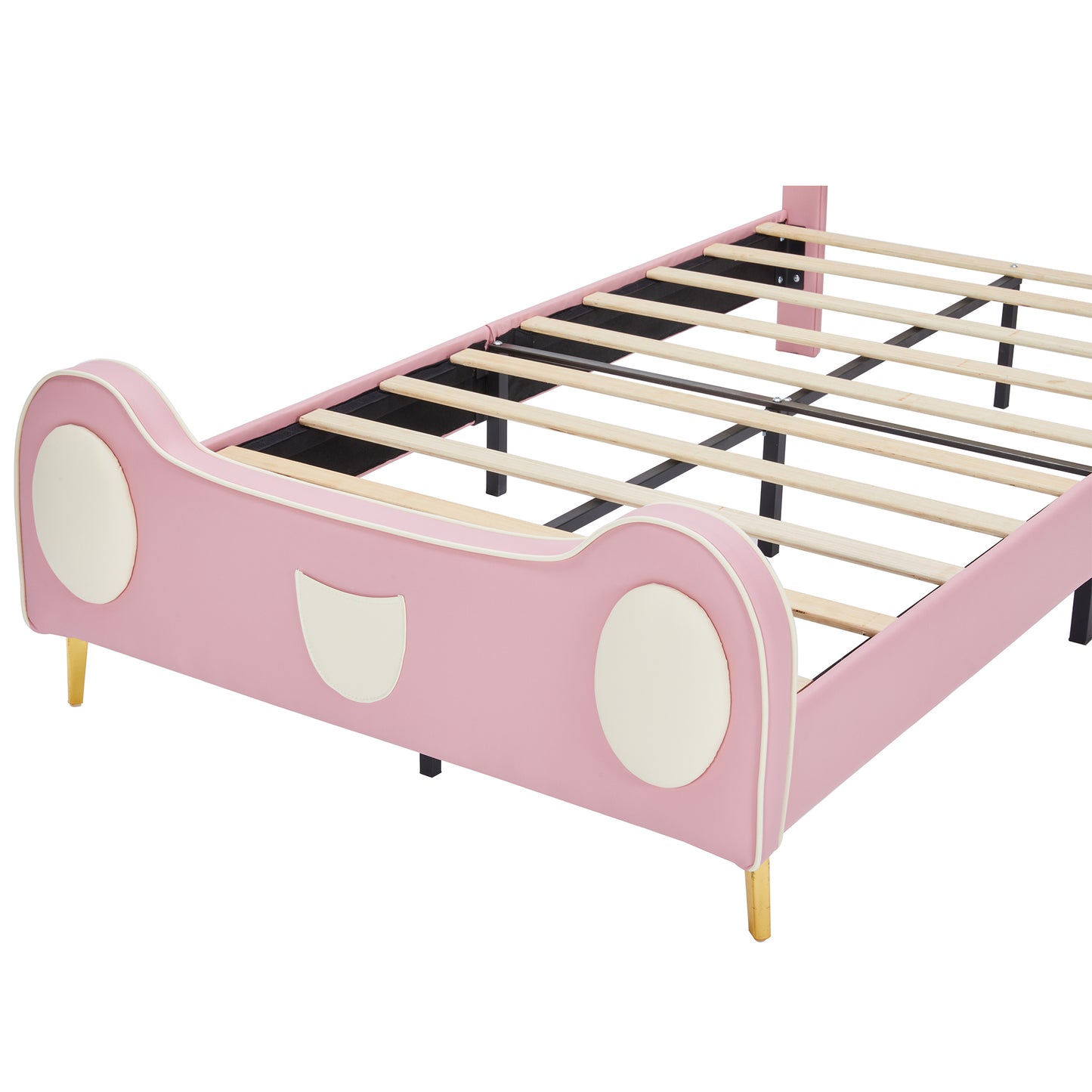 HSUNNS Twin Size Girl Bed with Crown Headboard, Soft PU Upholstered Princess Platform Bed Frame with Storage Pocket, No Spring Box Needed, Easy Assembly,Pink