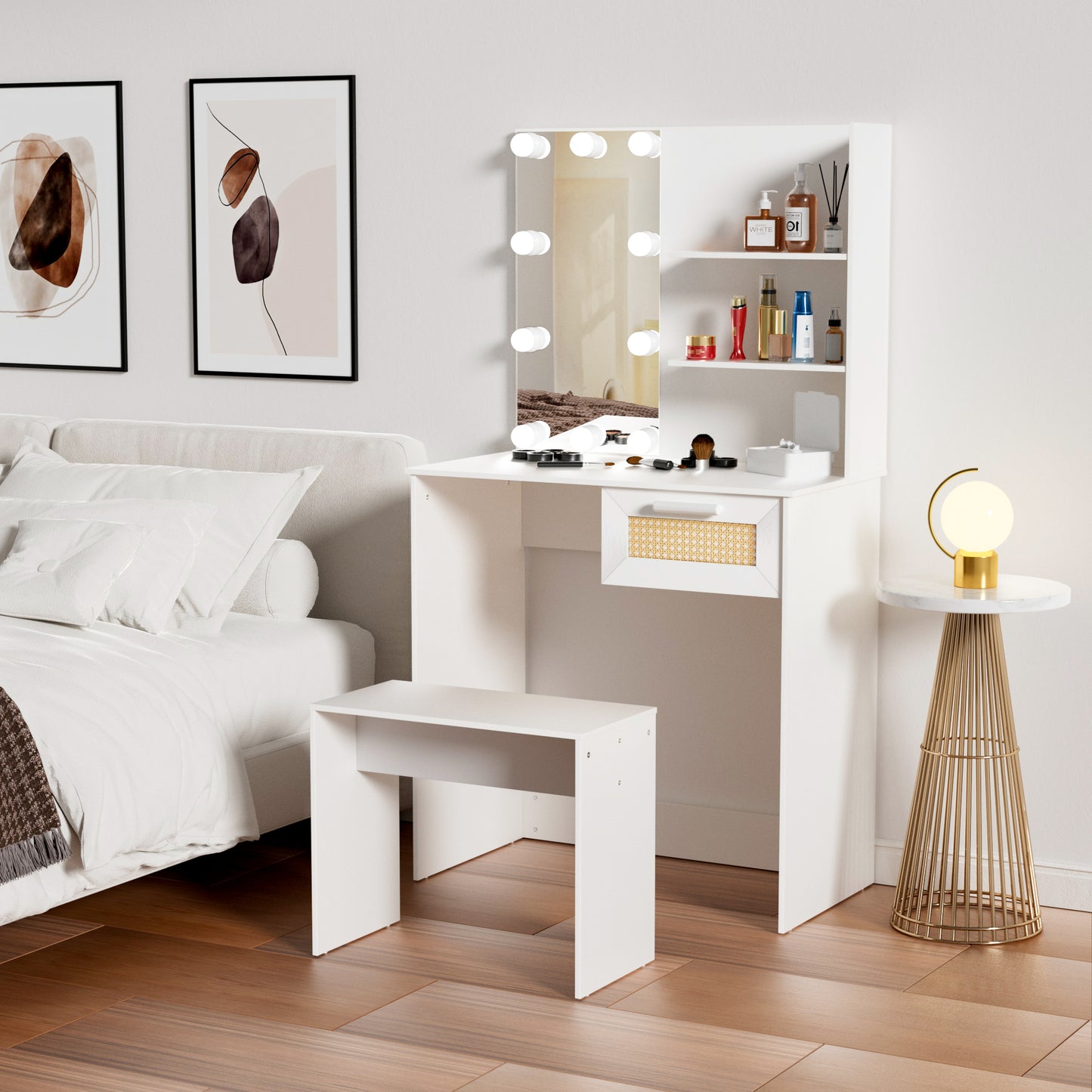HSUNNS Vanity Mirror with 3 Color LED Lights Desk and Chair, Narrow Small Vanity Desk with 10 Light, Wood Makeup Table with Large Drawer and Wide Stool, Vanity Desk with Drawers and Shelves, White