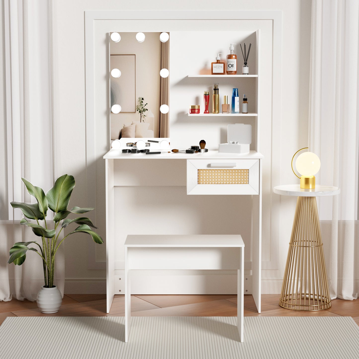 HSUNNS Vanity Mirror with 3 Color LED Lights Desk and Chair, Narrow Small Vanity Desk with 10 Light, Wood Makeup Table with Large Drawer and Wide Stool, Vanity Desk with Drawers and Shelves, White