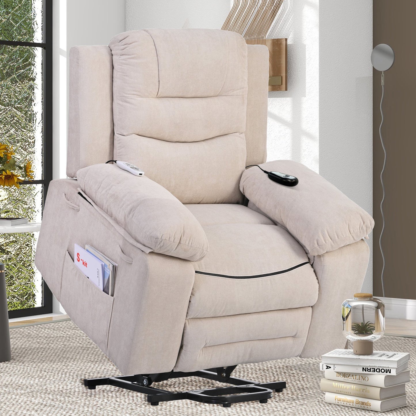 HSUNNS Recliner Chair with Massage and Heating Function, Power Lift Recliners with Infinite Position and Side Pocket, Single Sofa for Elderly and Adults, Remote Control, Beige