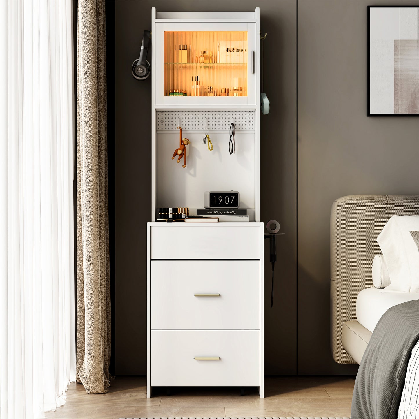 HSUNNS Small Vanity Desk with Flip-Top Mirror and Touch Control LED Light, Modern Wood Makeup Desk with Upholstered Stool, Glass Door, 3 Rocks, Storage Drawer, Hidden Storage, White