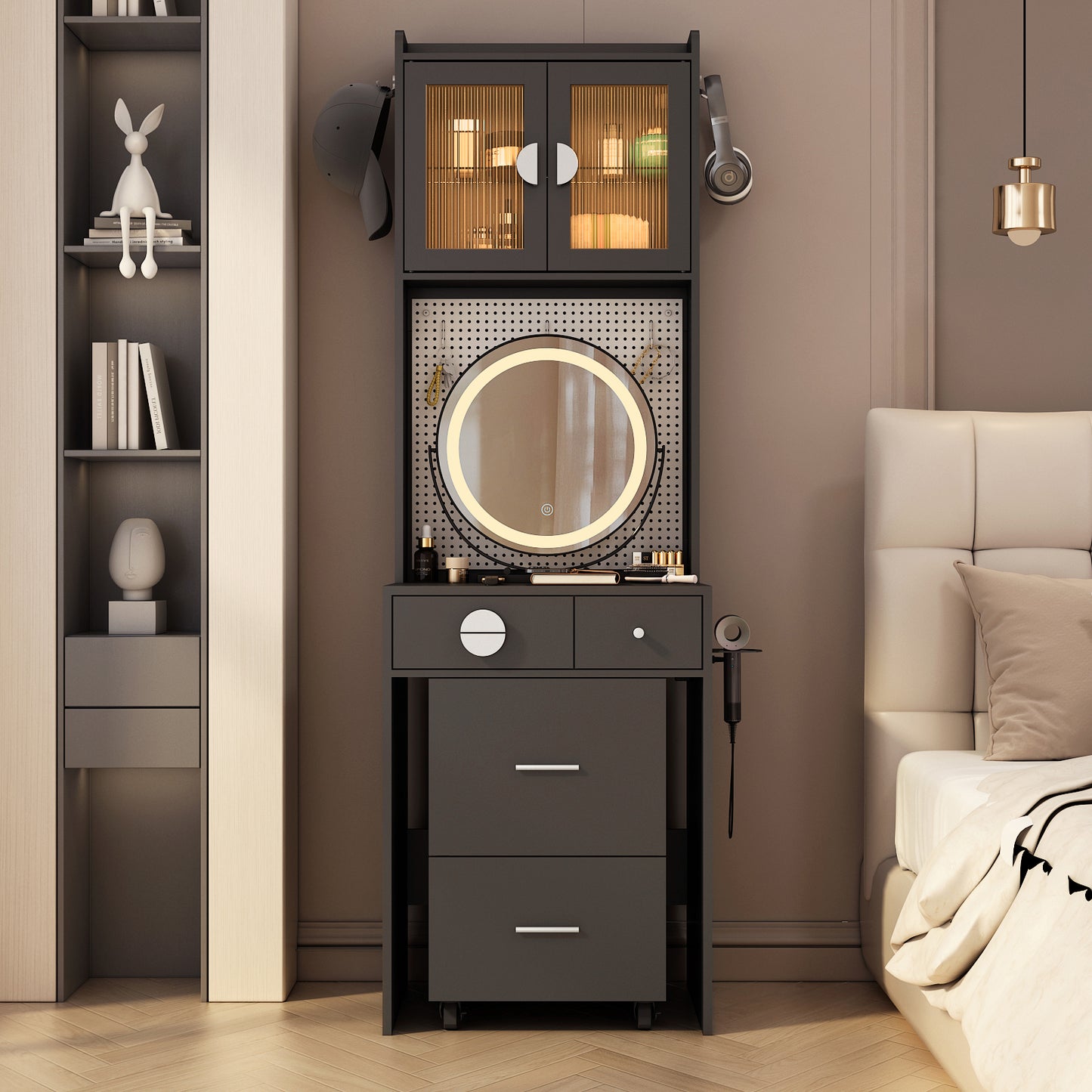 HSUNNS Small Vanity Desk with Round Mirror and LED Light, Modern Makeup Desk with Drawers, Upholstered Stool with Drawers, Charging Station, 3 Hooks, Storage Shelves,Hair Dryer Rack, White