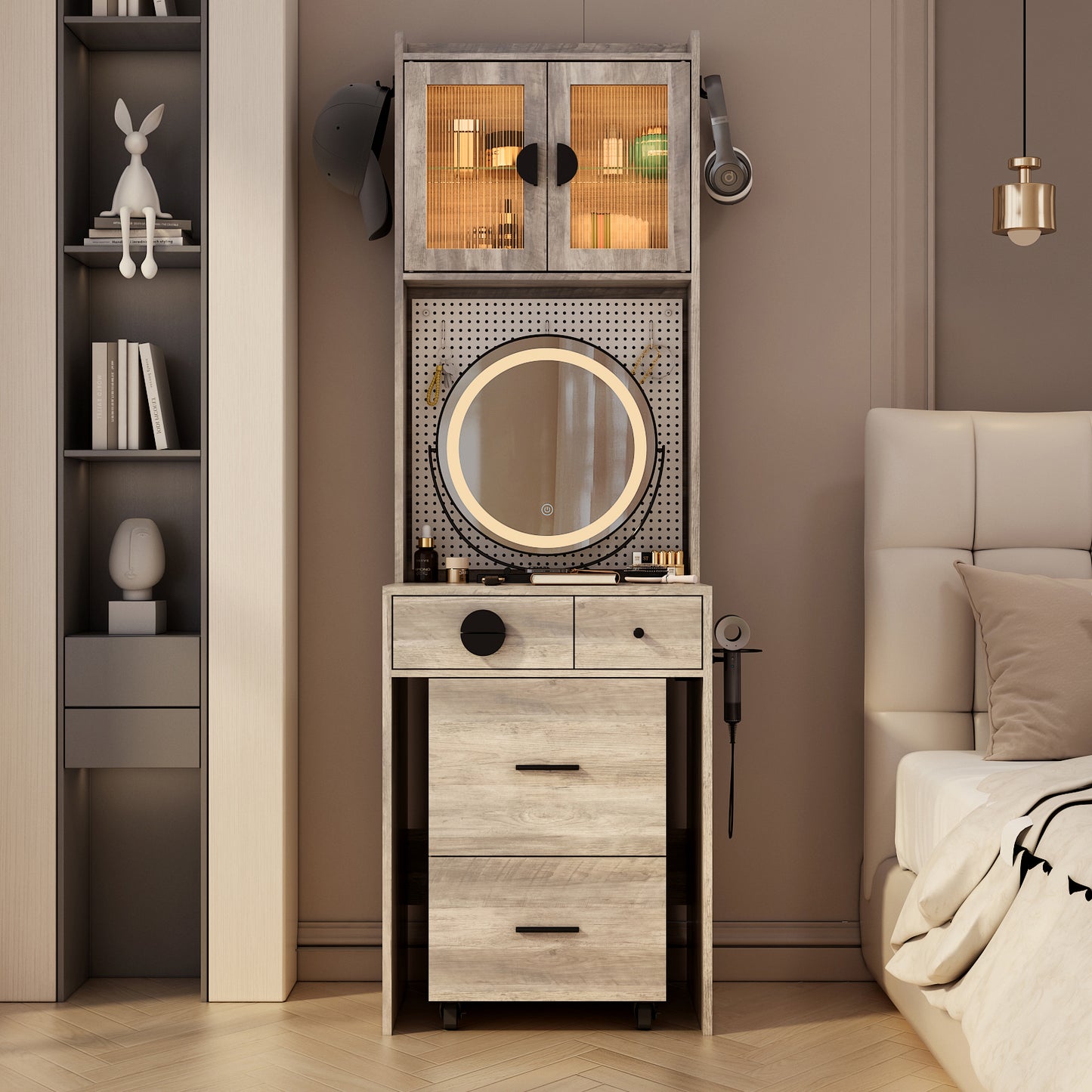 HSUNNS Small Vanity Desk with Round Mirror and LED Light, Modern Makeup Desk with Drawers, Upholstered Stool with Drawers, Charging Station, 3 Hooks, Storage Shelves,Hair Dryer Rack, White