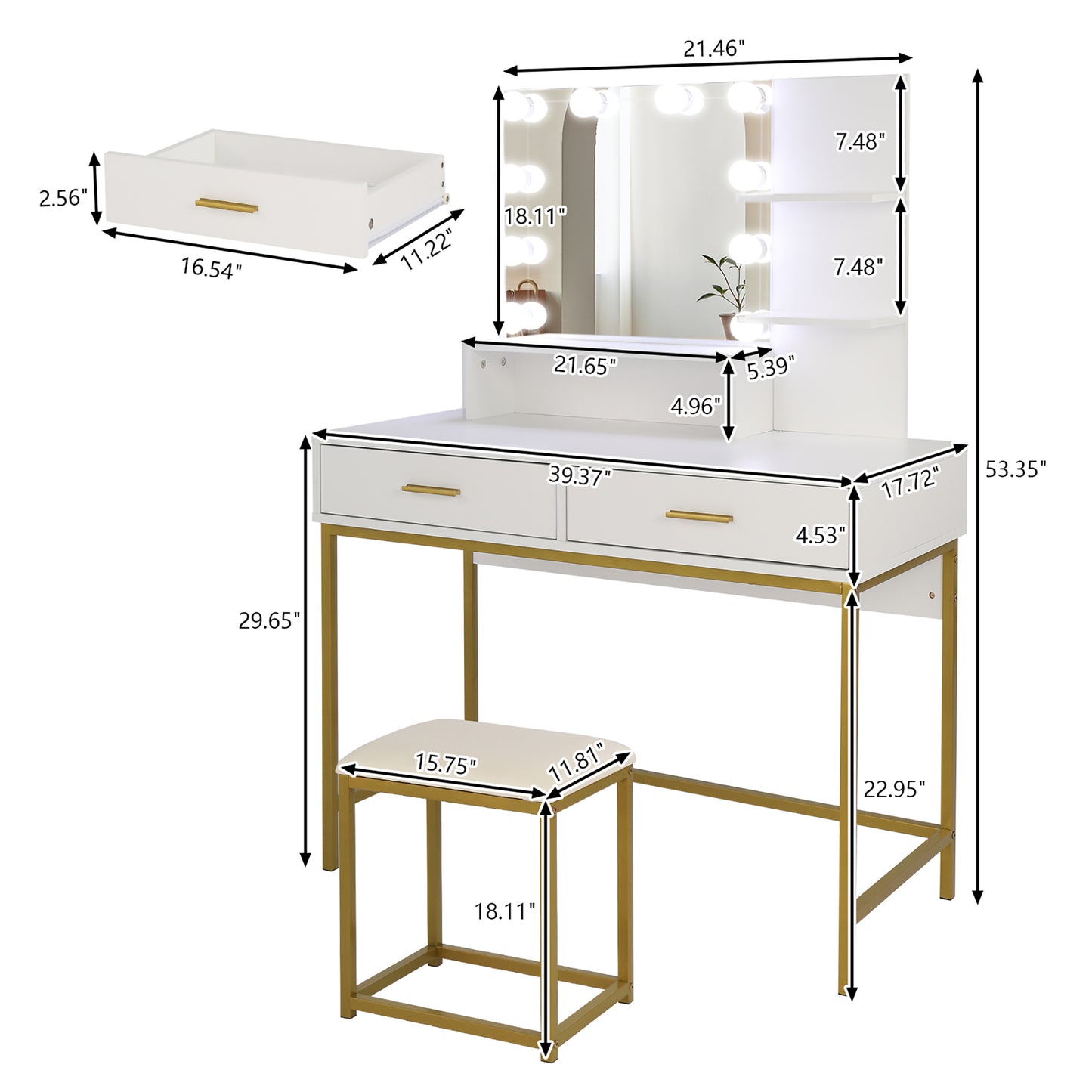 HSUNNS Vanity Desk with Mirror and Lights for Bedroom, Contemporary Makeup Vanity with Cushioned Stool, Wood Vanity Table with Storage Drawers and Shelves for Women, Girls, White