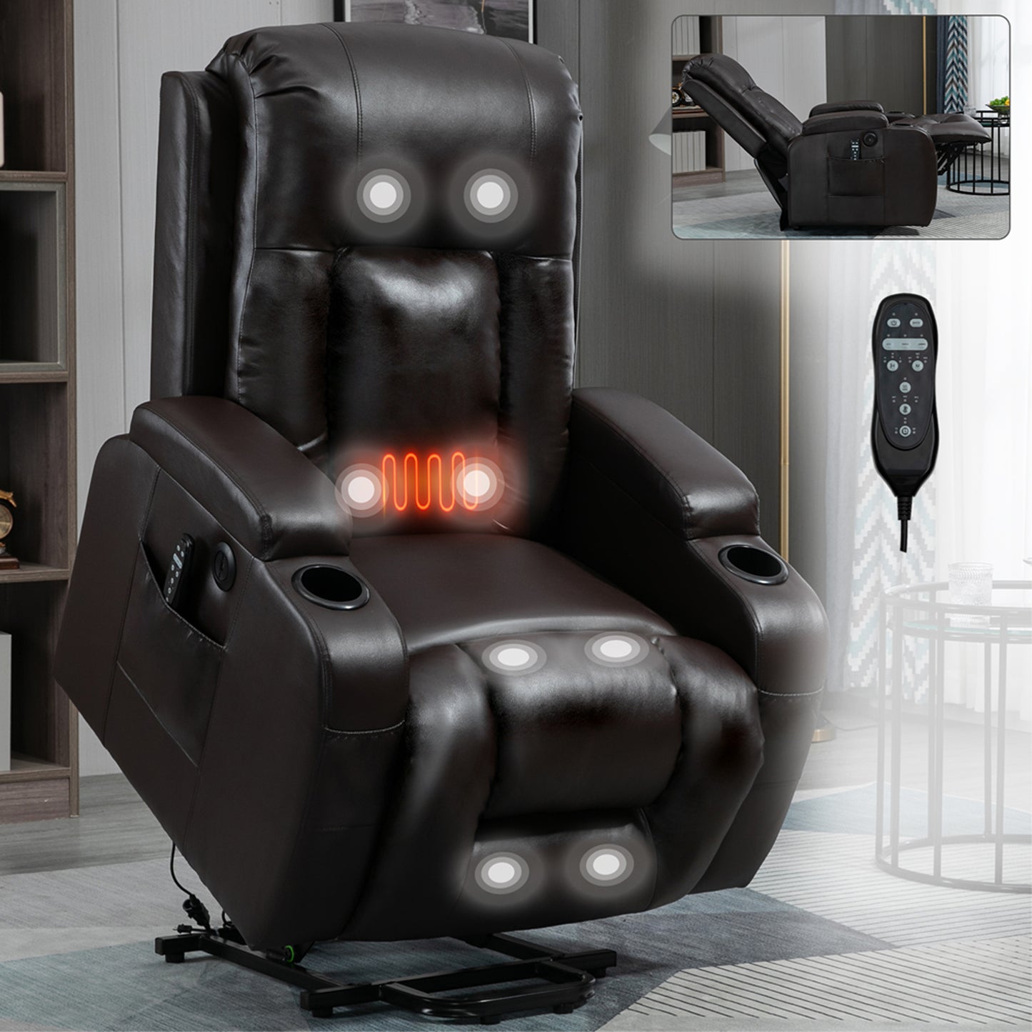HSUNNS Power Lift Recliner Chair for Adults, Remote Control Vibration Massage and Heating Living Room Reclining with 2 Cup Holders and Side Pockets, USB Ports, Silent Operation, Blue