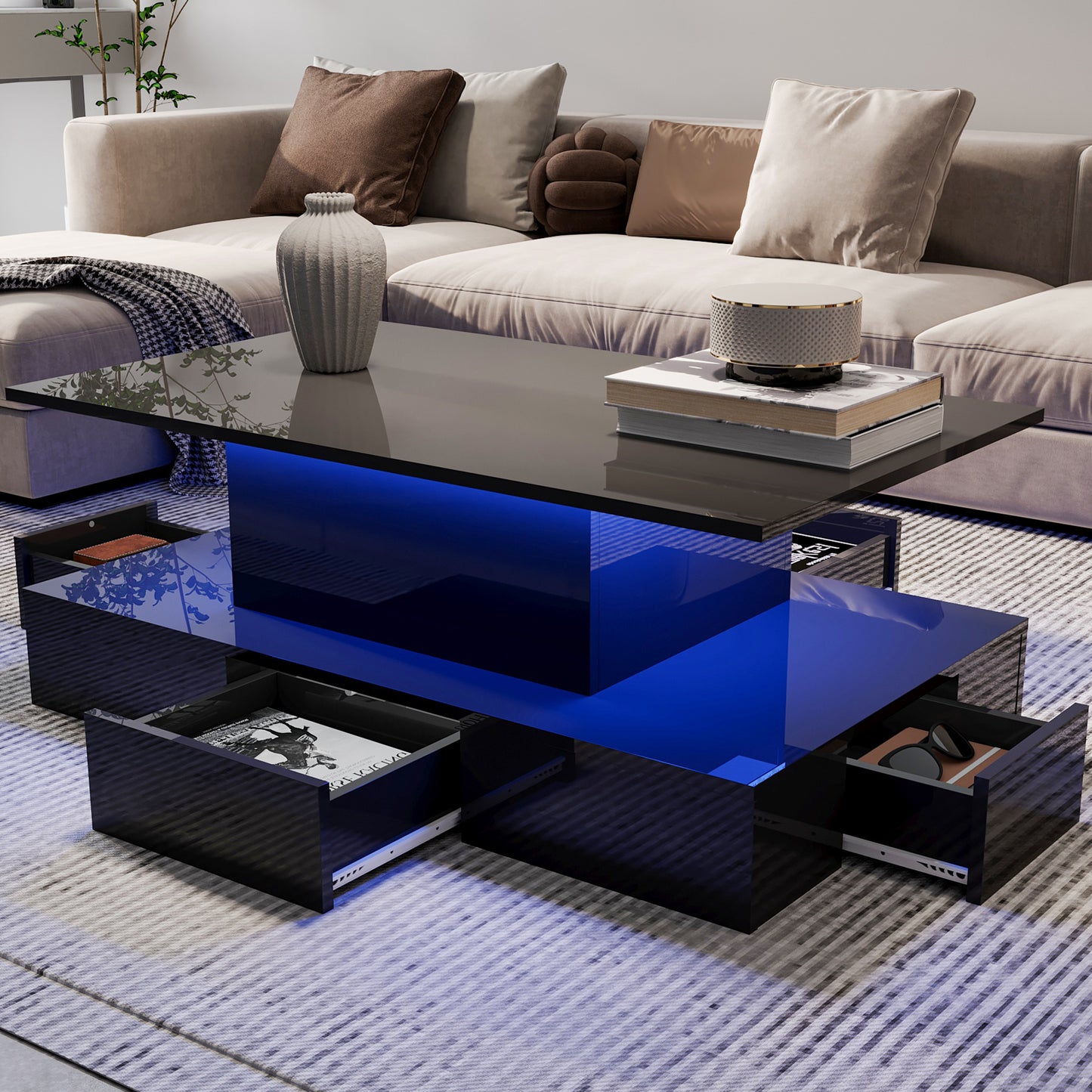 HSUNNS Black LED Coffee Table for Living Room, Modern High Glossy Center Table with 4 Drawers, Smart Cocktail Table Rectangle, Sofa Side Tea Tables with LED Lights, 40" L×24" W×15" H