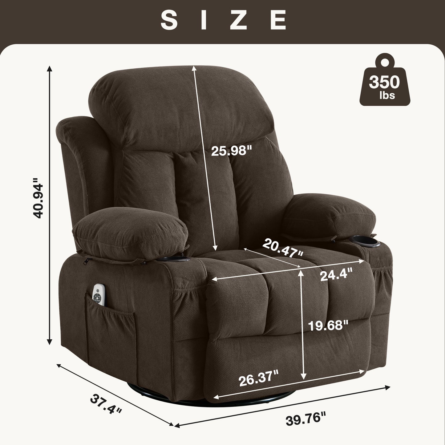 HSUNNS Manual Recliner Chair with Heat Therapy and Massage Function, Swivel Reclining Mechanism Massage Chair, Single Rocker Sofa with Cup Holders for Bedroom Home Theater, Coffee