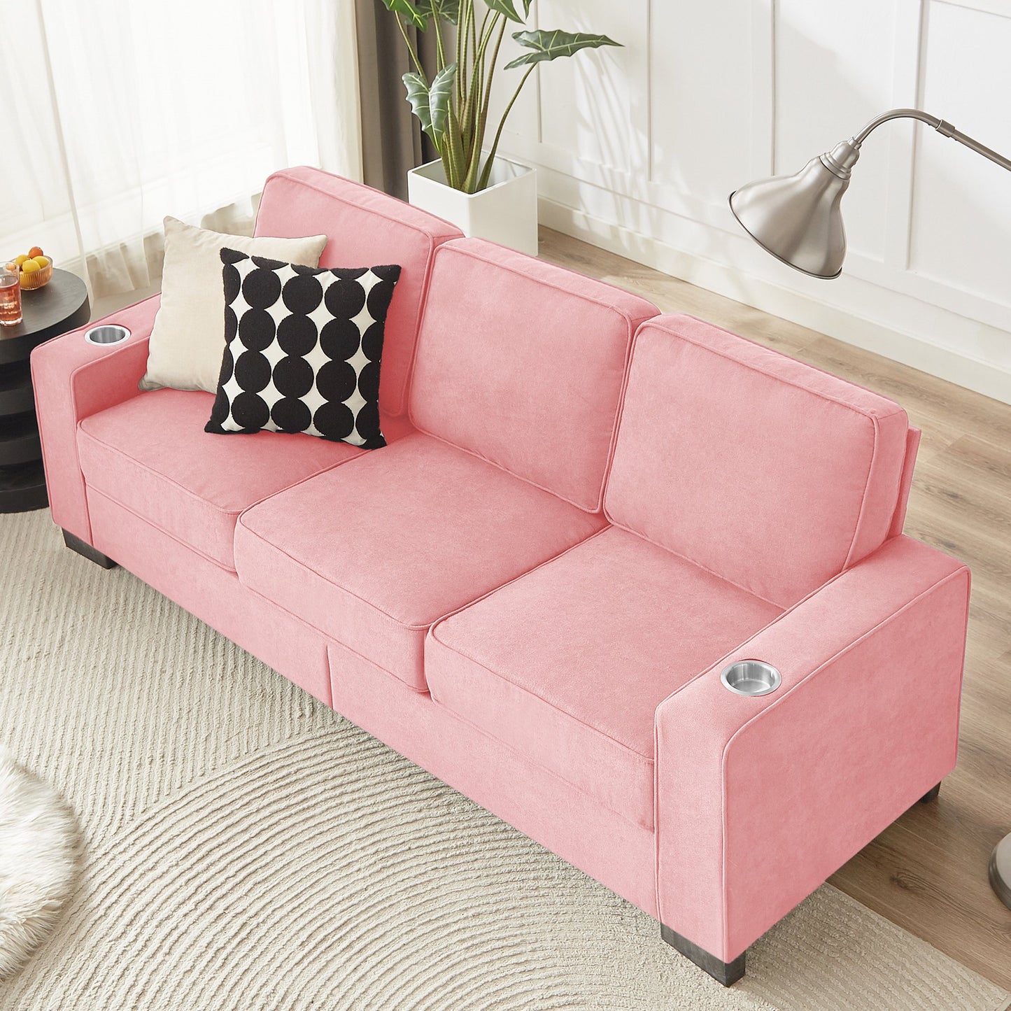 HSUNNS 83.86" Sofa Couch, 3 Seater Snowfleece Fabric Sofa with Cup Holders for Living Room and Reception Room, Simple and Atmospheric Style Modern Compressed Couch, Gray